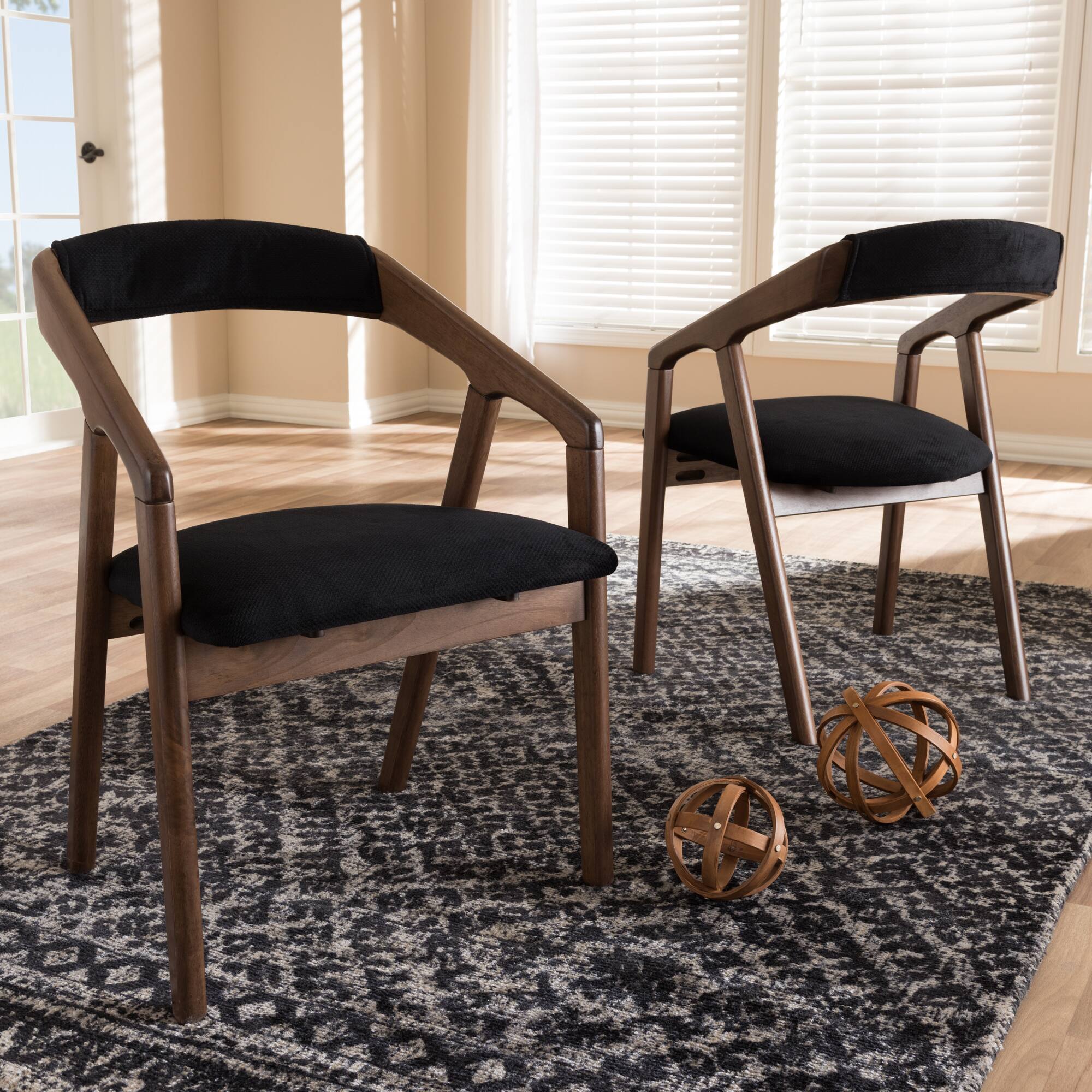 Alt View 1. Baxton Studio - Set of 2 Wendy Mid-Century Modern Velvet and Walnut Medium Wood Finishing Dining Chairs - Black/Walnut Brown.