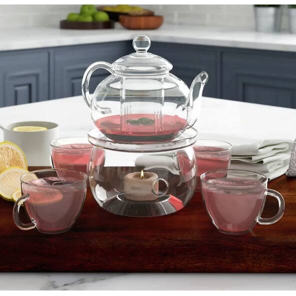 Angle. SlickBlue - Glass Tea Pot Set with 4 Cups Infuser and Teapot Warmer, 6 Piece - Clear.