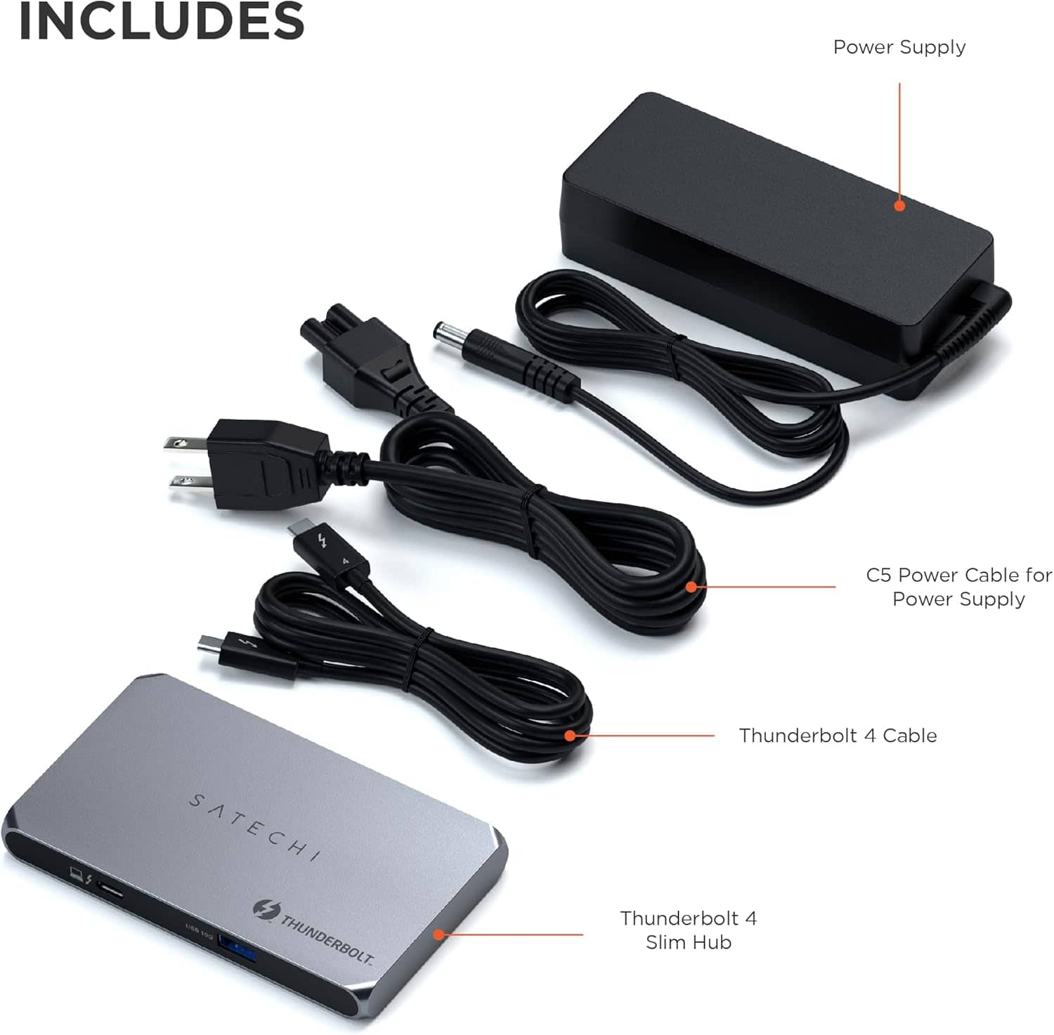 The image shows a power supply, a power cable, a Thunderbolt 4 cable, and a Satechi Thunderbolt 4 cable. The power supply is designed for a C5 power cable, and it is accompanied by a Thunderbolt 4 cable and a Slim Hub 4.