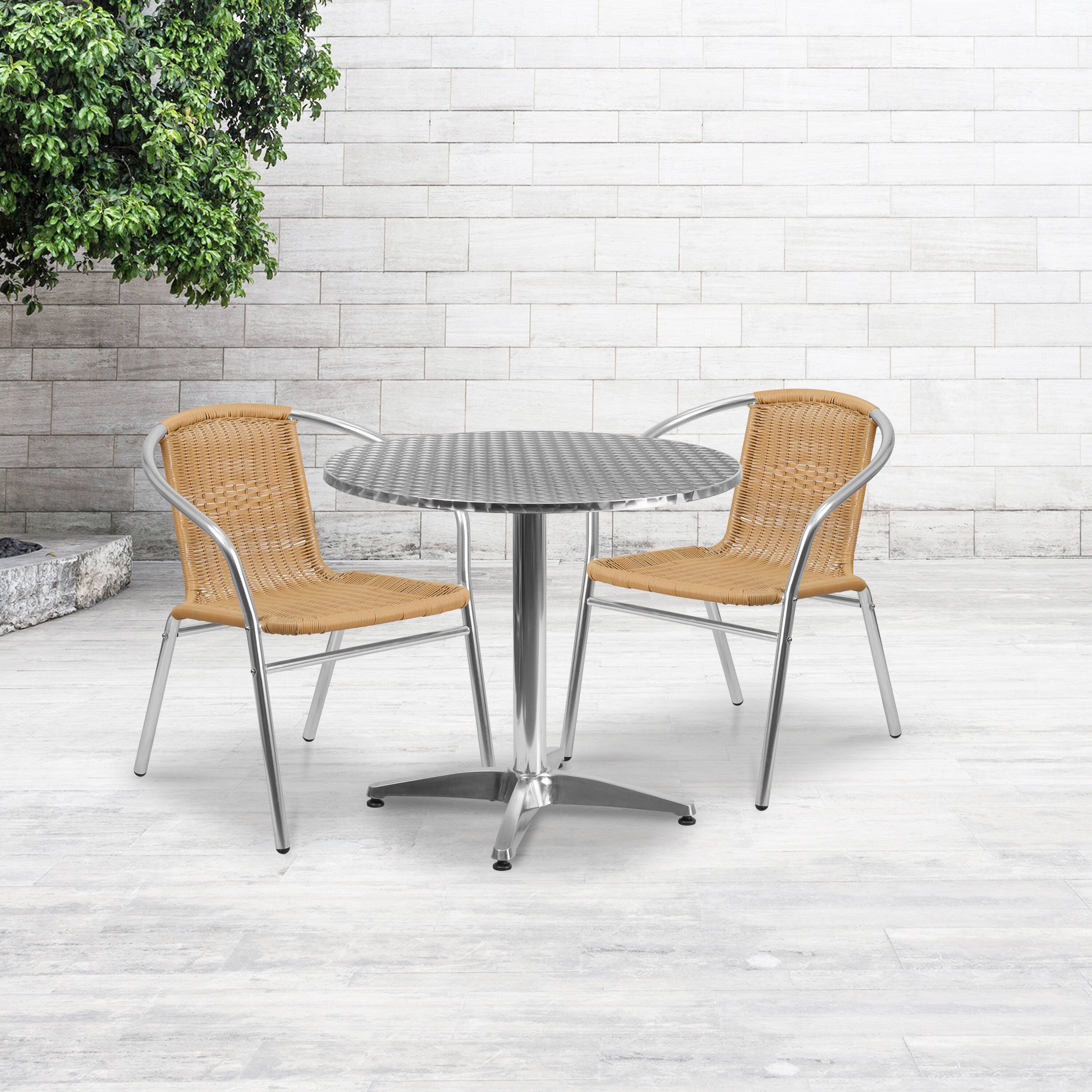 Alt View 1. Emma + Oliver - 31.5" Round Aluminum Garden Patio Table Set with 2 Rattan Chairs - Beige.