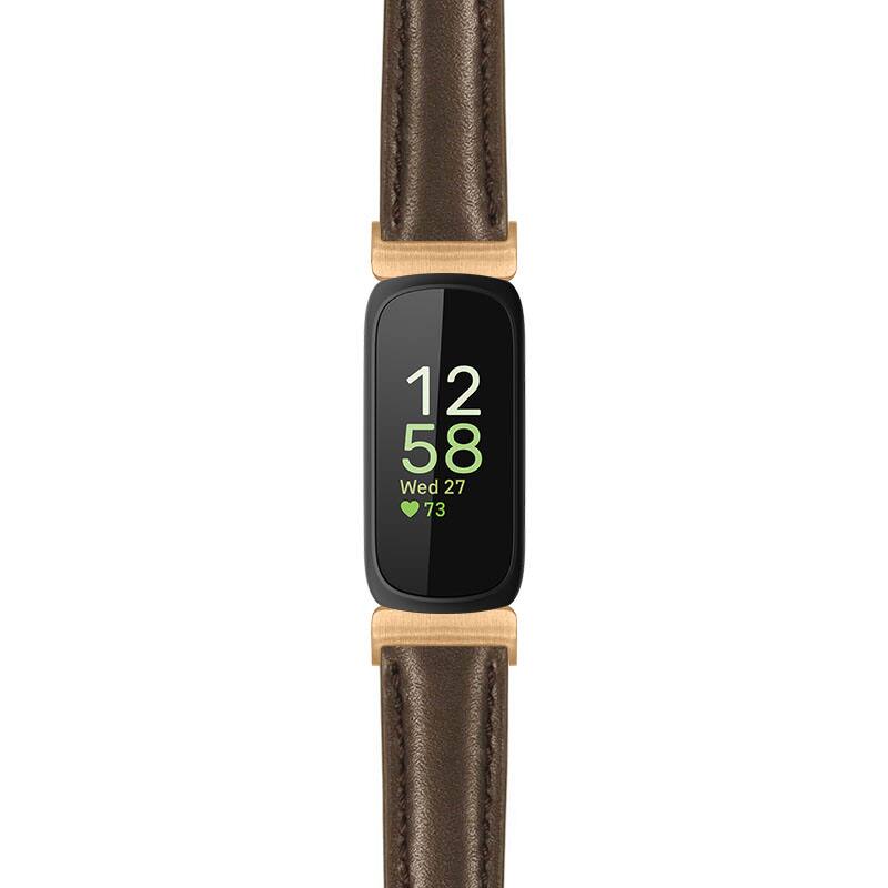 Front. StrapsCo - Everyday Leather Watch Band Strap For Fitbit Inspire 3 - Brown (Rose Gold Hardware).