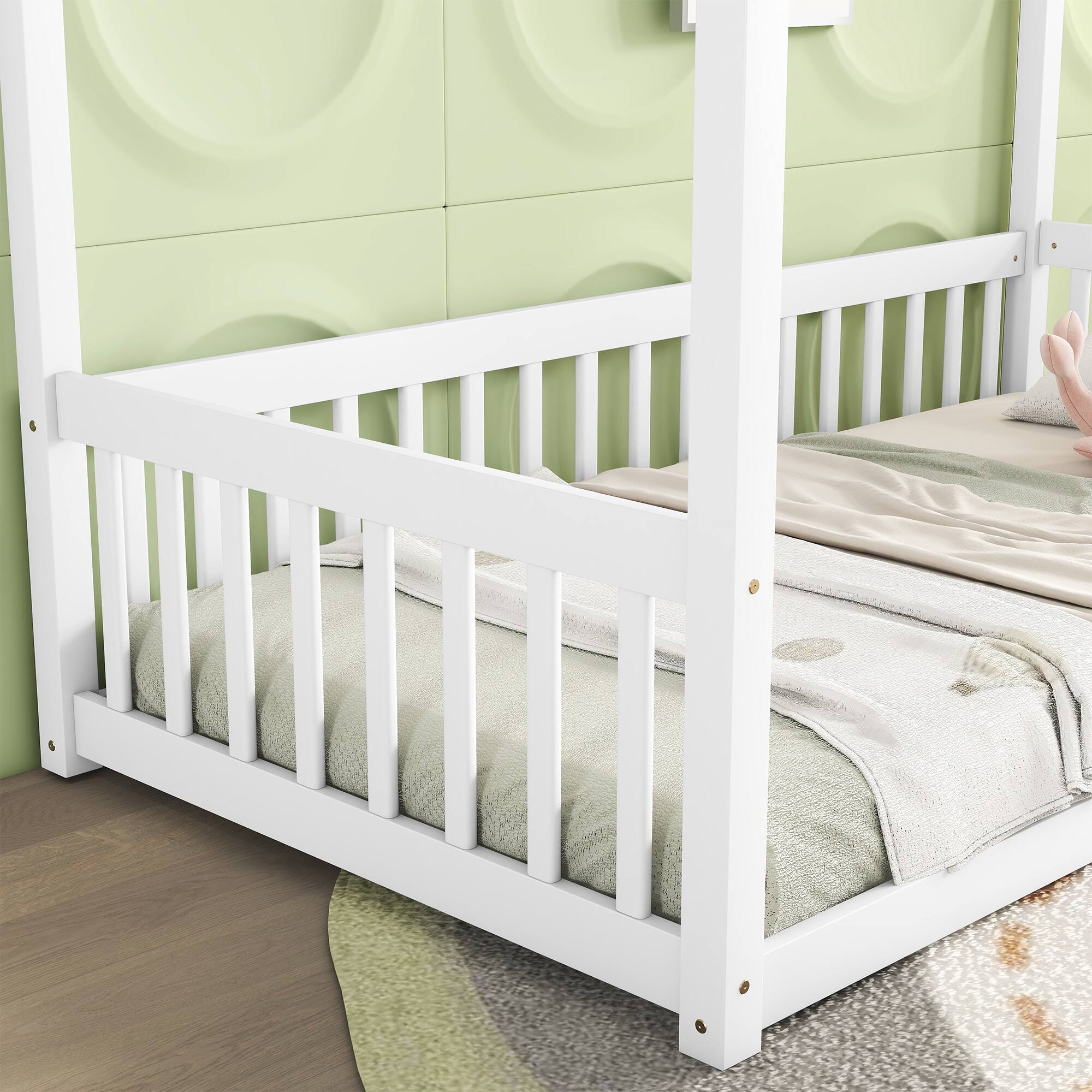 Back. Tiramisubest - Twin Size Canopy Frame Floor Bed with Fence, Guardrails,White - White.