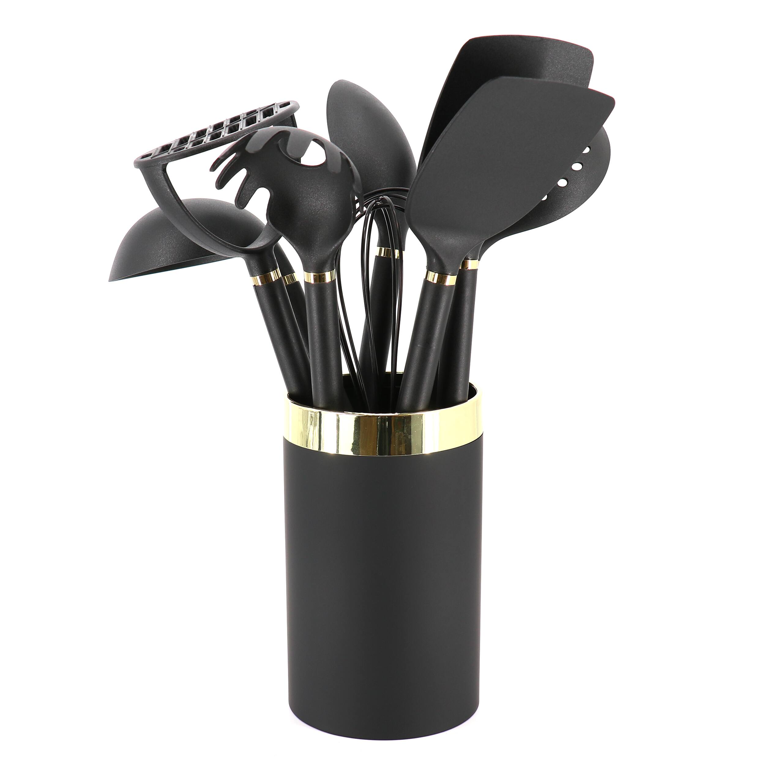 Alt View 1. Gibson - Gibson Home Hampsbridge 10 Piece Nylon Kitchen Tool Set and Utensil Crock in Black and Gold - Black.