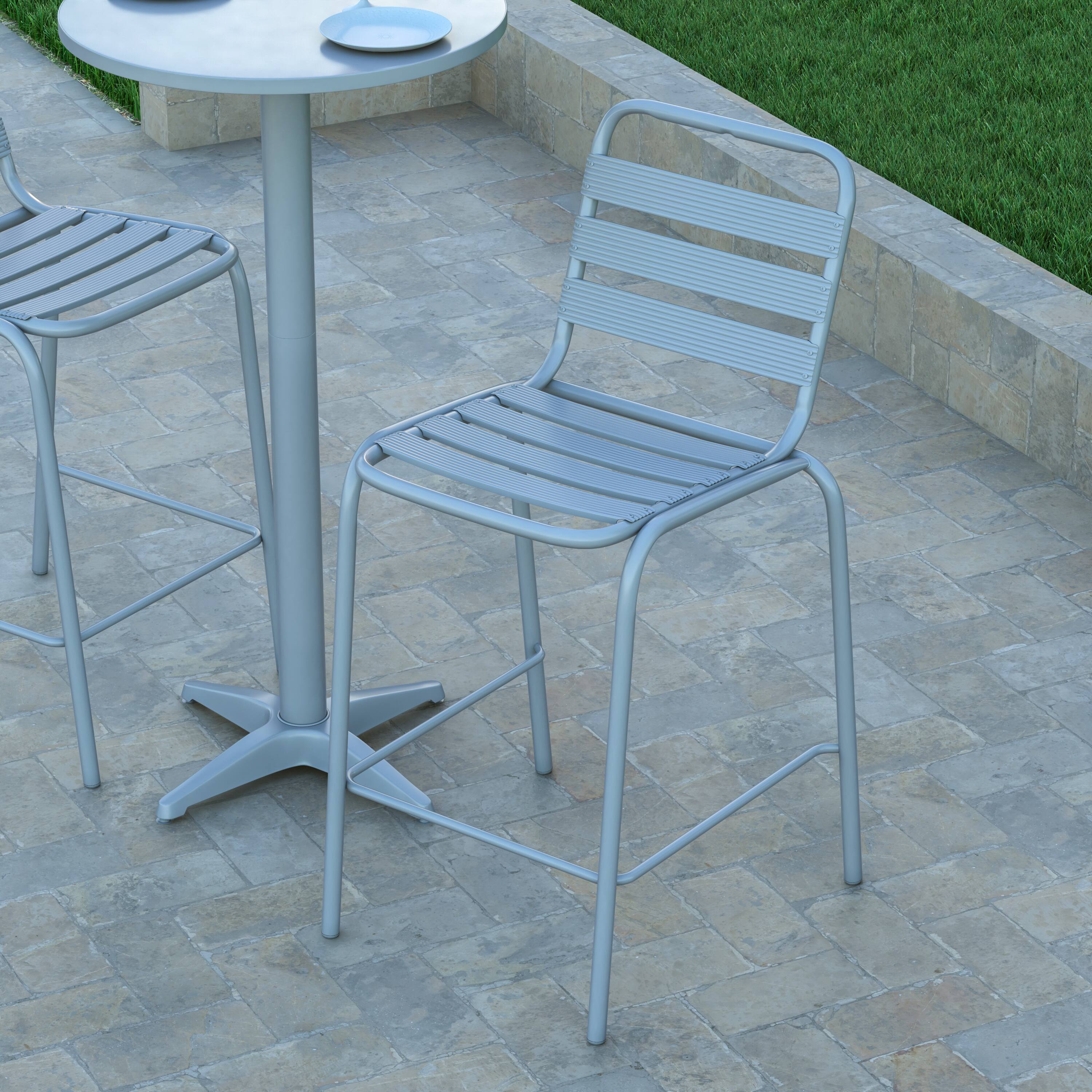 Alt View 4. Emma + Oliver - Jens Metal Dining Stool with Triple Slatted Back for Indoor and Outdoor Use - Silver.
