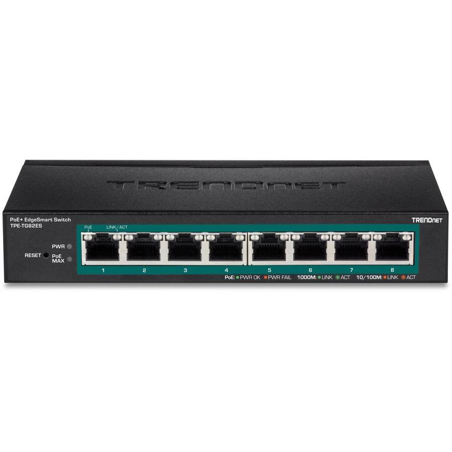 TRENDnet  
PoE+ EdgeSmart Switch  
TPE-TG82ES  

PWR  
RESET  
POE MAX  

1  
2  
3  
4  
5  
6  
7  
8  

PoE+ LINK/ACT  
PoE+ PWR OK  
PoE+ PWR FAIL  
1000M LINK/ACT  
10/100M LINK/ACT