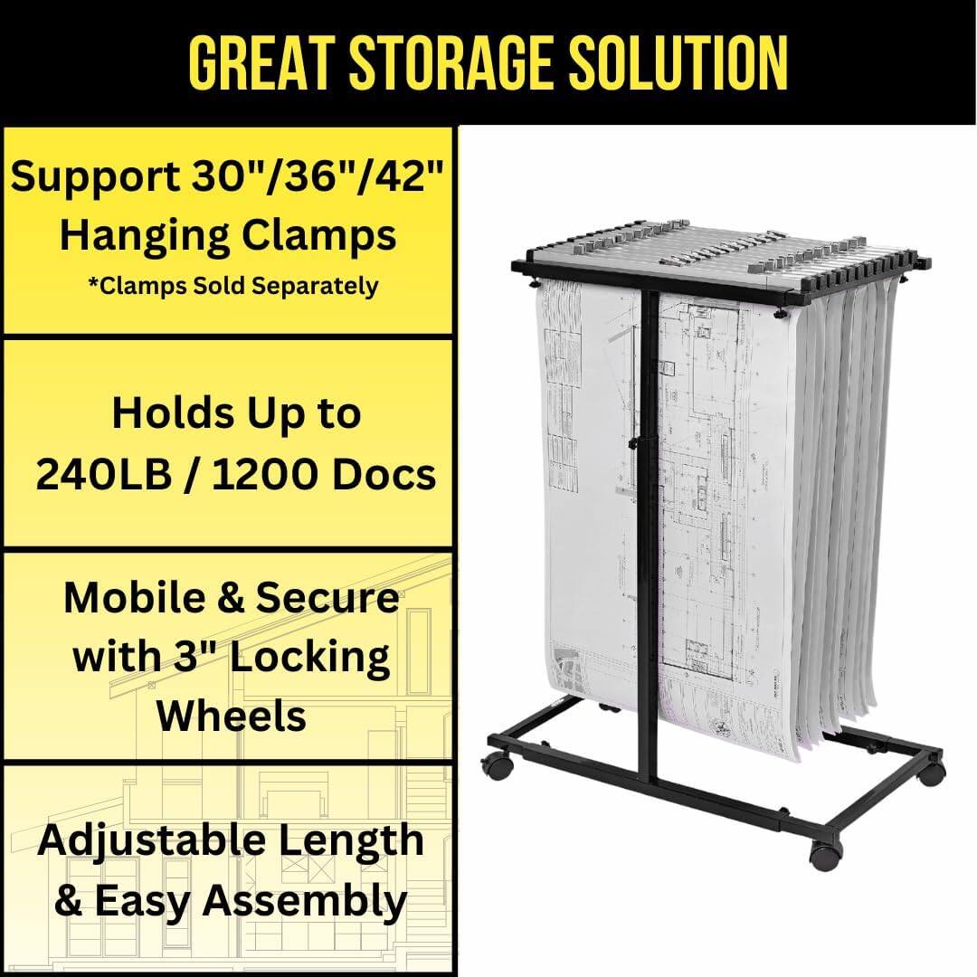 GREAT STORAGE SOLUTION

Support 30"/36"/42" Hanging Clamps *Clamps Sold Separately

Holds Up to 240LB / 1200 Docs

Mobile & Secure with 3" Locking Wheels

Adjustable Length & Easy Assembly
