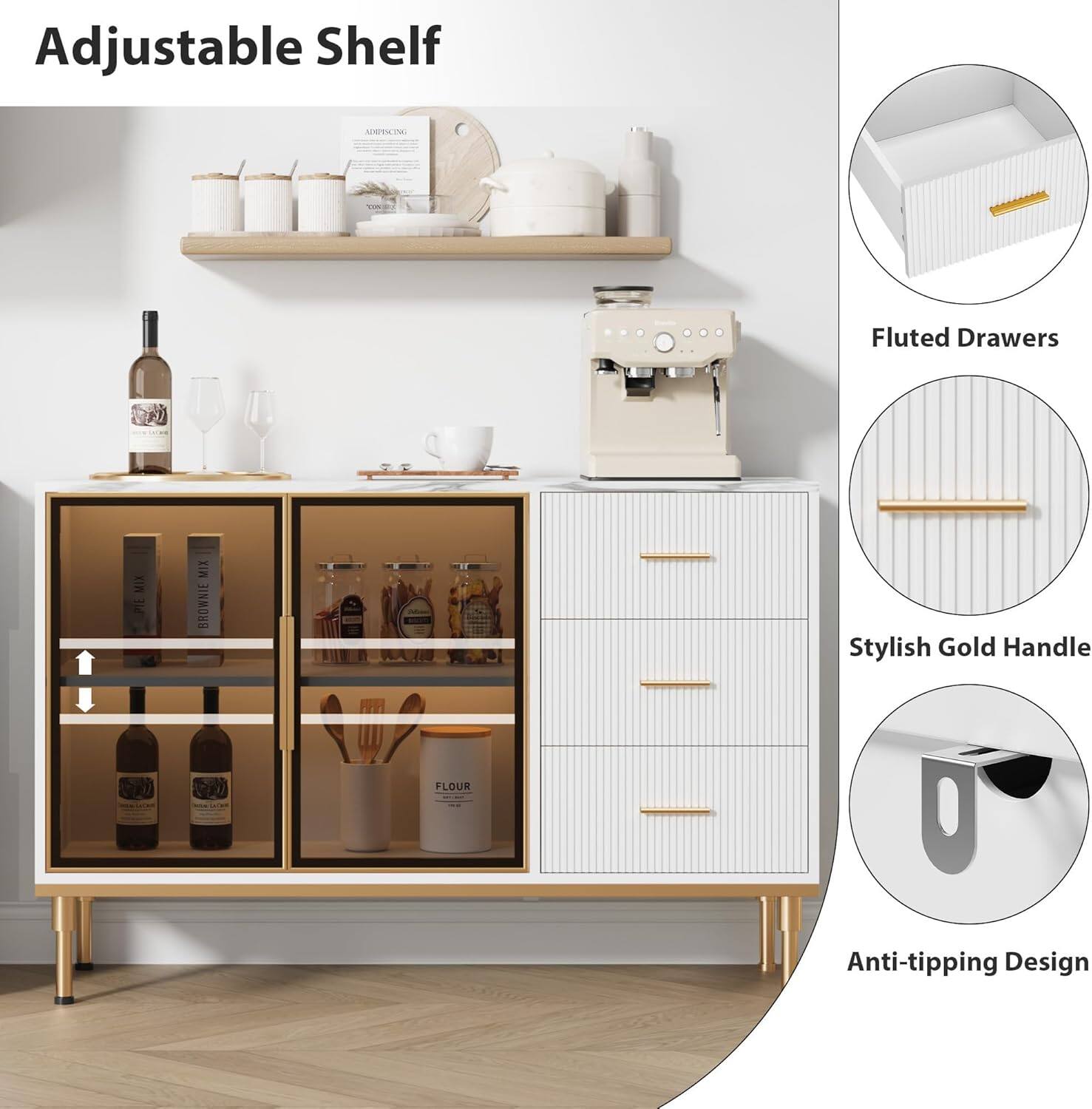 Adjustable Shelf

Fluted Drawers

Stylish Gold Handle

Anti-tipping Design