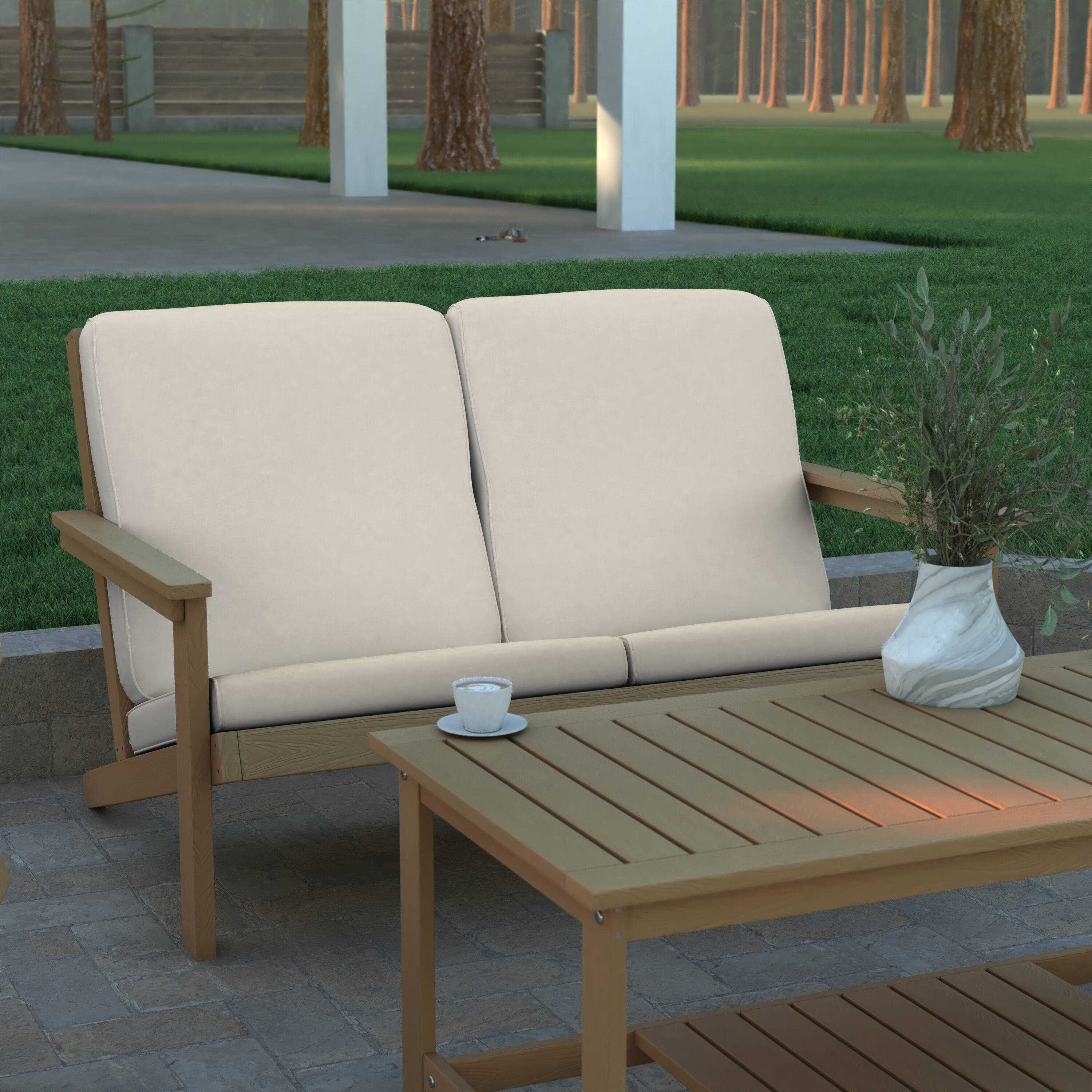 Alt View 1. Emma + Oliver - Hammond All-Weather Polyresin Adirondack Loveseat with Deep Seat and Comfortable Back & Seat Cushions - Cream Cushions/Natural Cedar Frame.