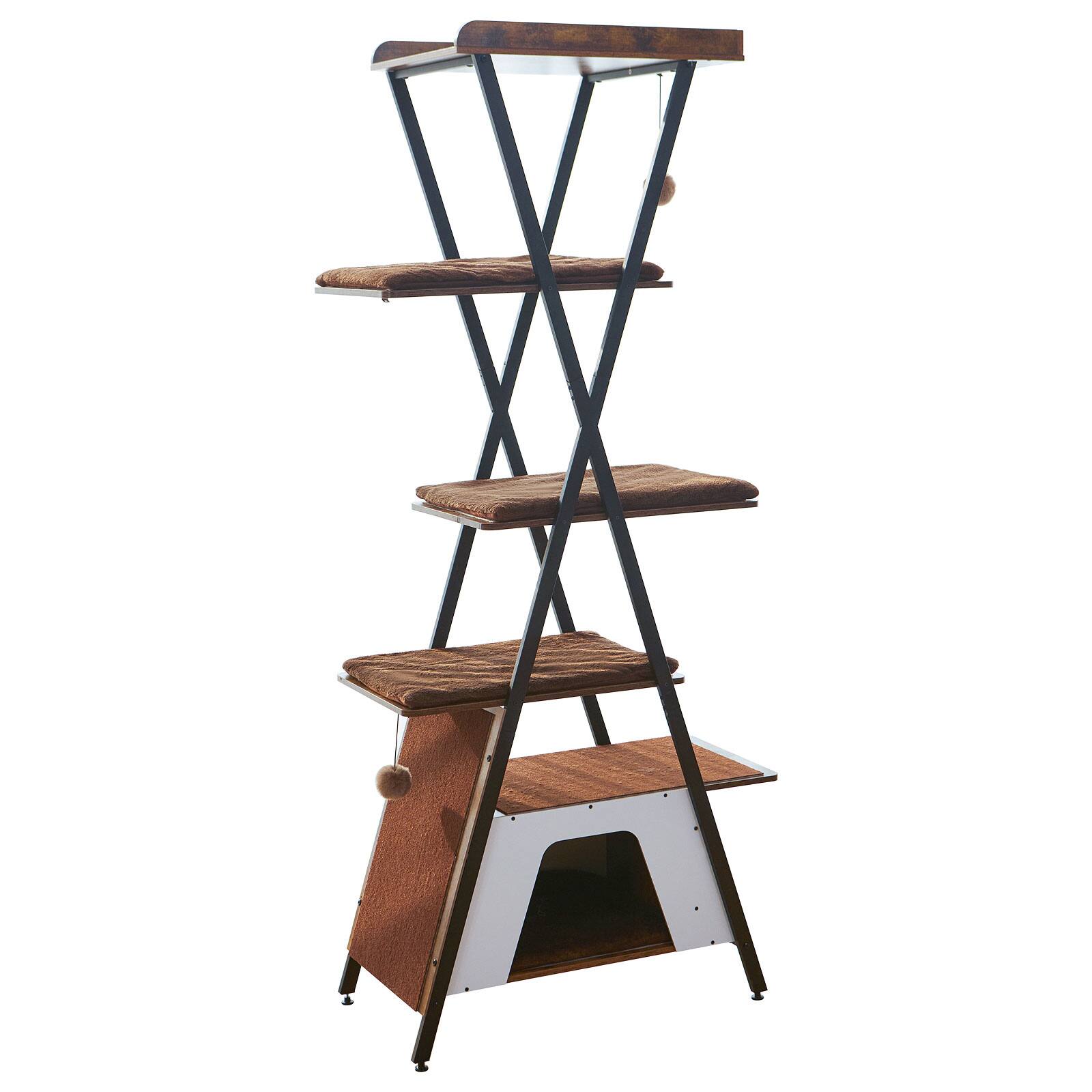 Left. JUJABU - 73" Brown Wooden Cat Tower - Multi-Level Cat Tree with Scratching Posts, Caves, Large Perch & Removable Pads.