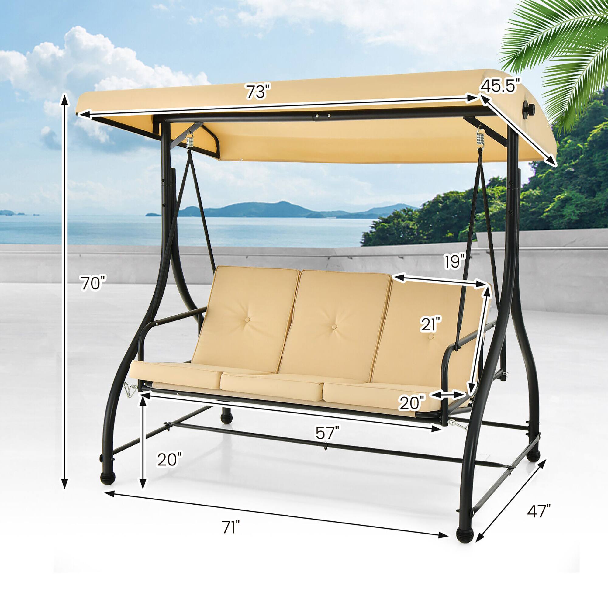 Alt View 2. Gymax - Gymax 3-Seat Outdoor Converting Patio Swing Glider Adjustable Canopy Porch Swing Beige - Beige.