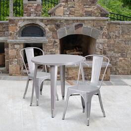 Emma + Oliver - Commercial Grade 30" Round Metal Indoor-Outdoor Table Set with 2 Cafe Chairs - Silver