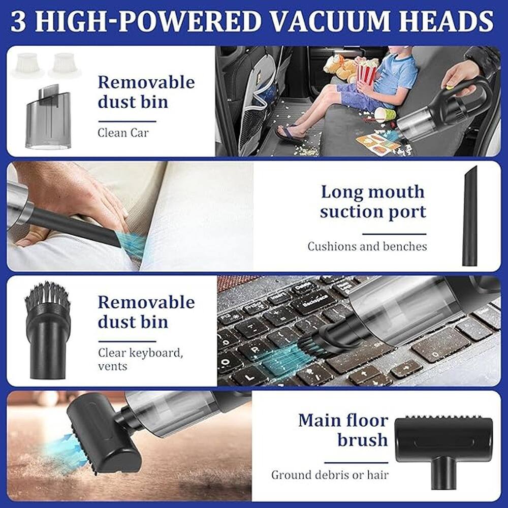 3 HIGH-POWERED VACUUM HEADS

- Removable dust bin
  - Clean Car

- Long mouth suction port
  - Cushions and benches

- Removable dust bin
  - Clear keyboard, vents

- Main floor brush
  - Ground debris or hair
