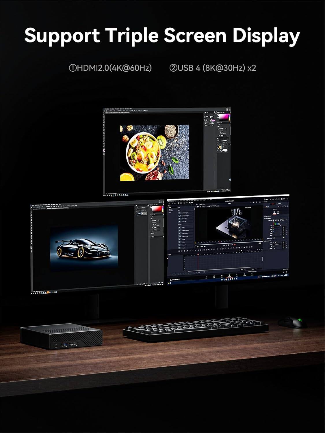 Support Triple Screen Display

1. HDMI 2.0 (4K@60Hz)
2. USB 4 (8K@30Hz) x2