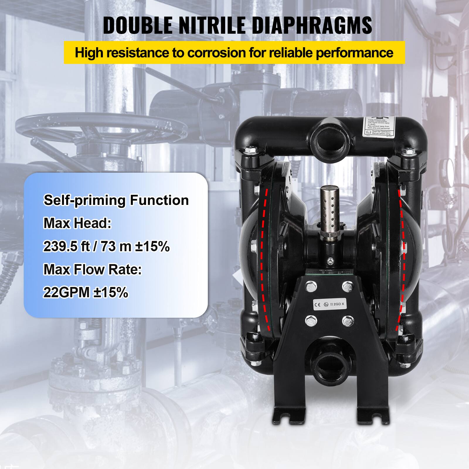 DOUBLE NITRILE DIAPHRAGMS  
High resistance to corrosion for reliable performance  

Self-priming Function  
Max Head: 239.5 ft / 73 m ±15%  
Max Flow Rate: 22GPM ±15%