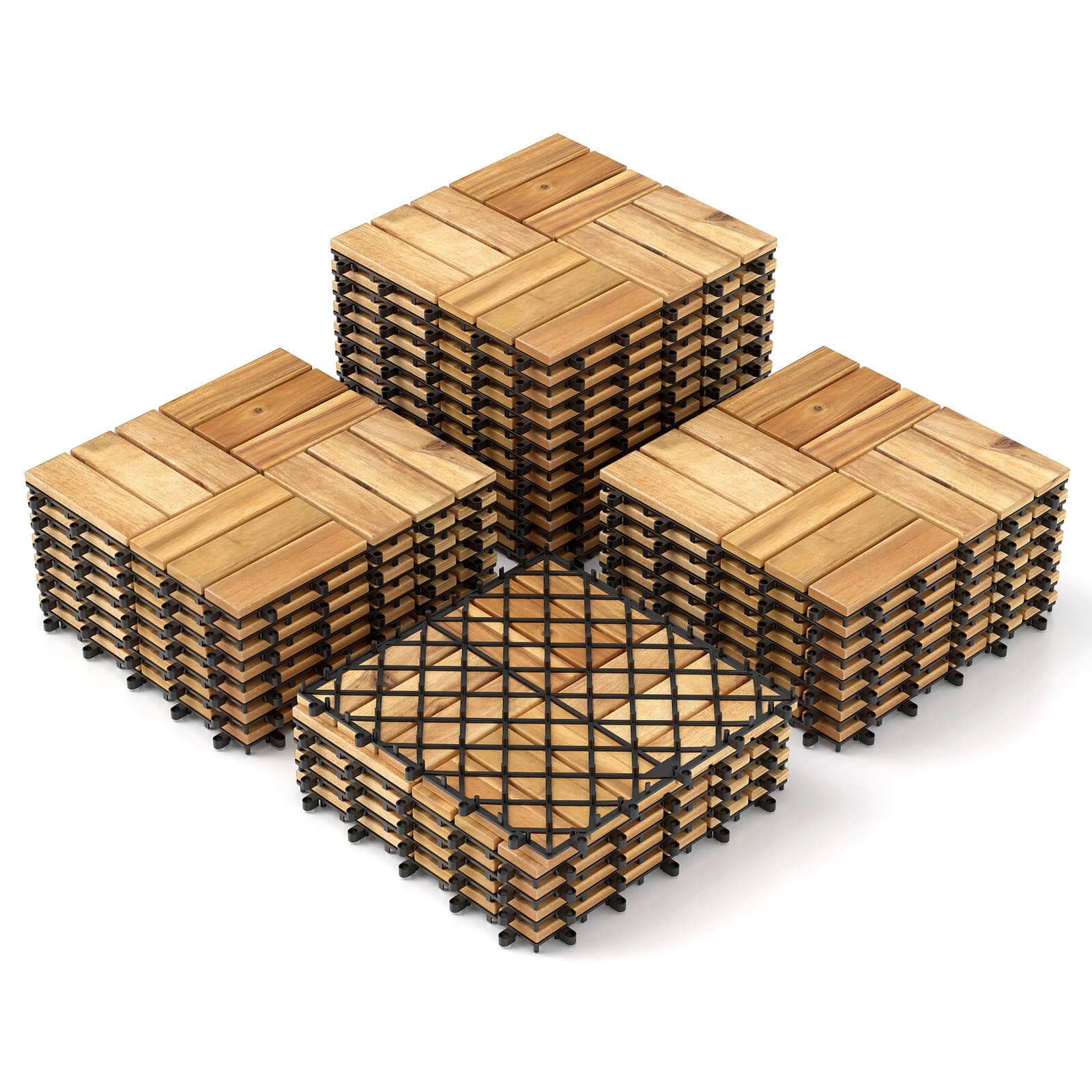 Costway - 30 PCS Interlocking Flooring Tiles Floor Decking for Patio Acacia Wood Outdoor - Brown