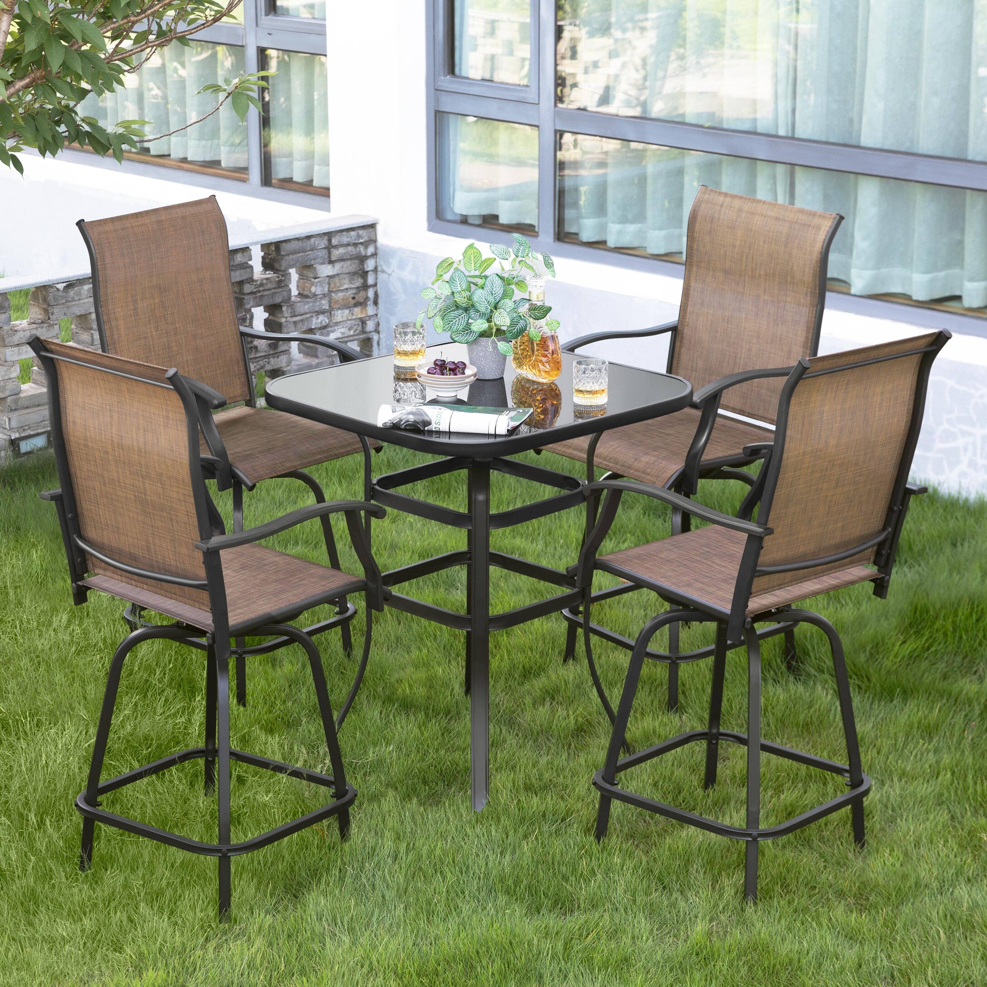 Left. Nuu Garden - Outdoor Patio Swivel Bar Stool Set with Glass Table, All-Weather Textilene - Black and Brown.