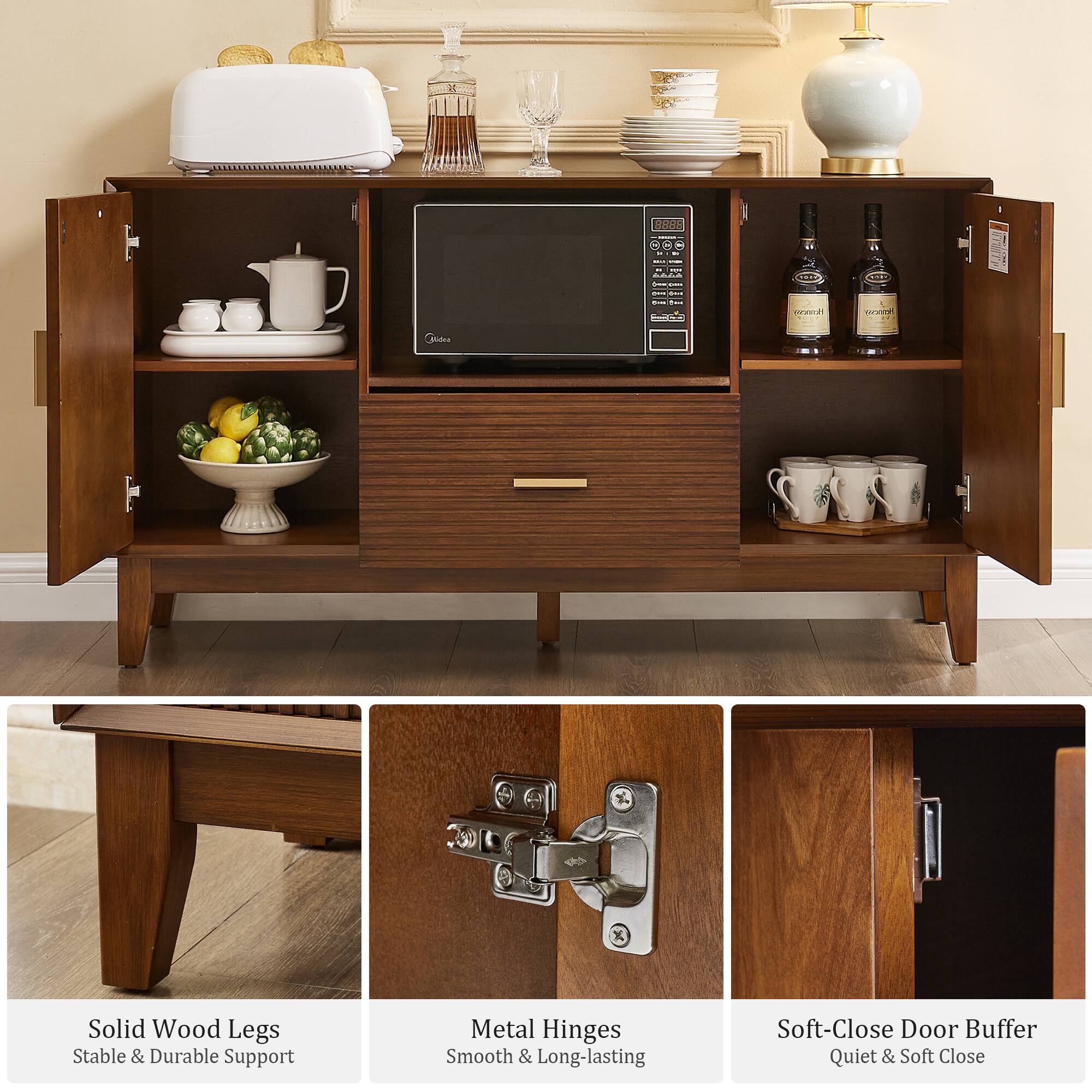 - Solid Wood Legs
  - Stable & Durable Support

- Metal Hinges
  - Smooth & Long-lasting

- Soft-Close Door Buffer
  - Quiet & Soft Close