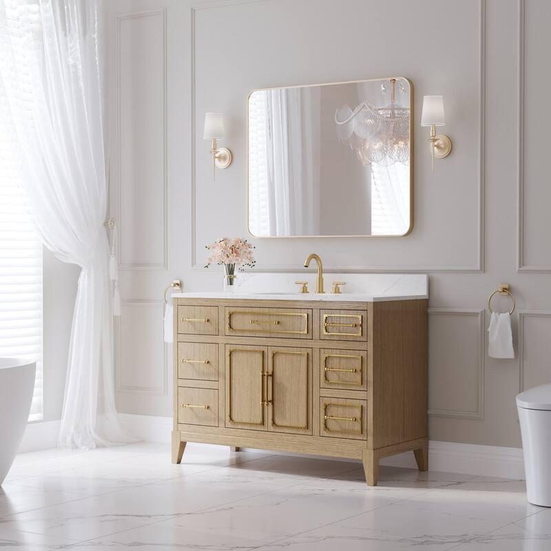 Left. WELLFOR - 48 in Luxury Solid Oak Bathroom Vanity with Sink, Bathroom Cabinet with 6 Soft-Close Drawers and 1 Flip Drawer - Oak.