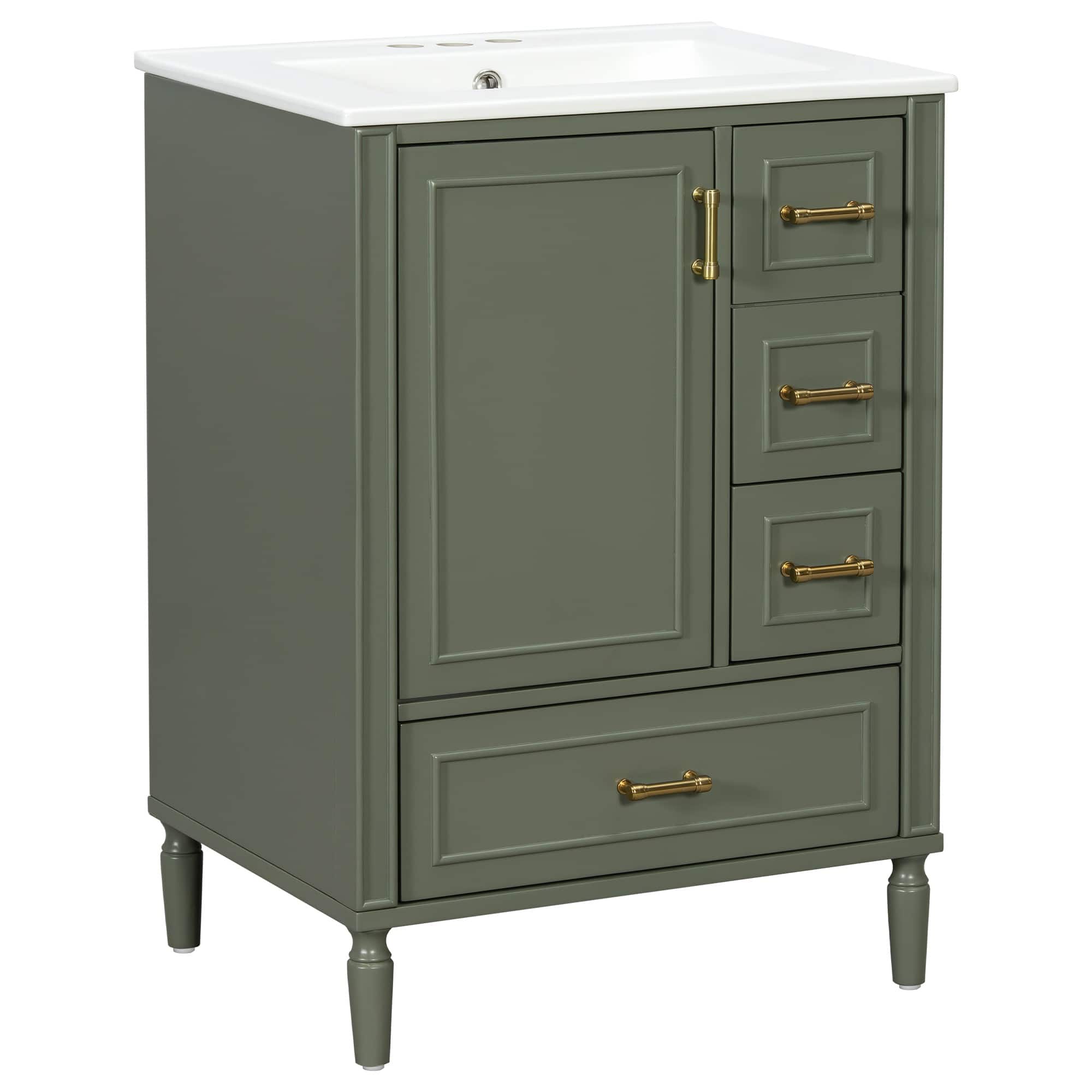 Ecooso - 24" Bathroom Vanity with Ceramic Sink, 3 Drawers, Soft-Close Door, Door-Mounted Rack, Freestanding Cabinet - Olive Green