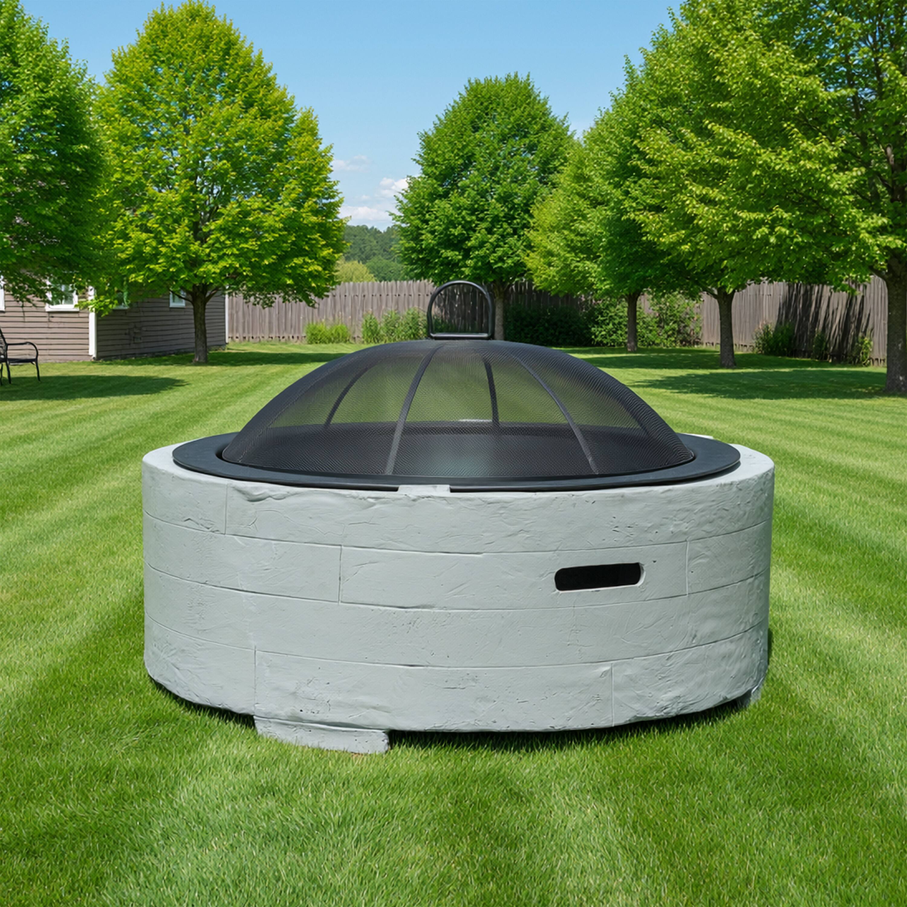 Alt View 1. Sunnydaze - 36 in Faux Stone Fire Pit with Handles and Spark Screen - Ash.