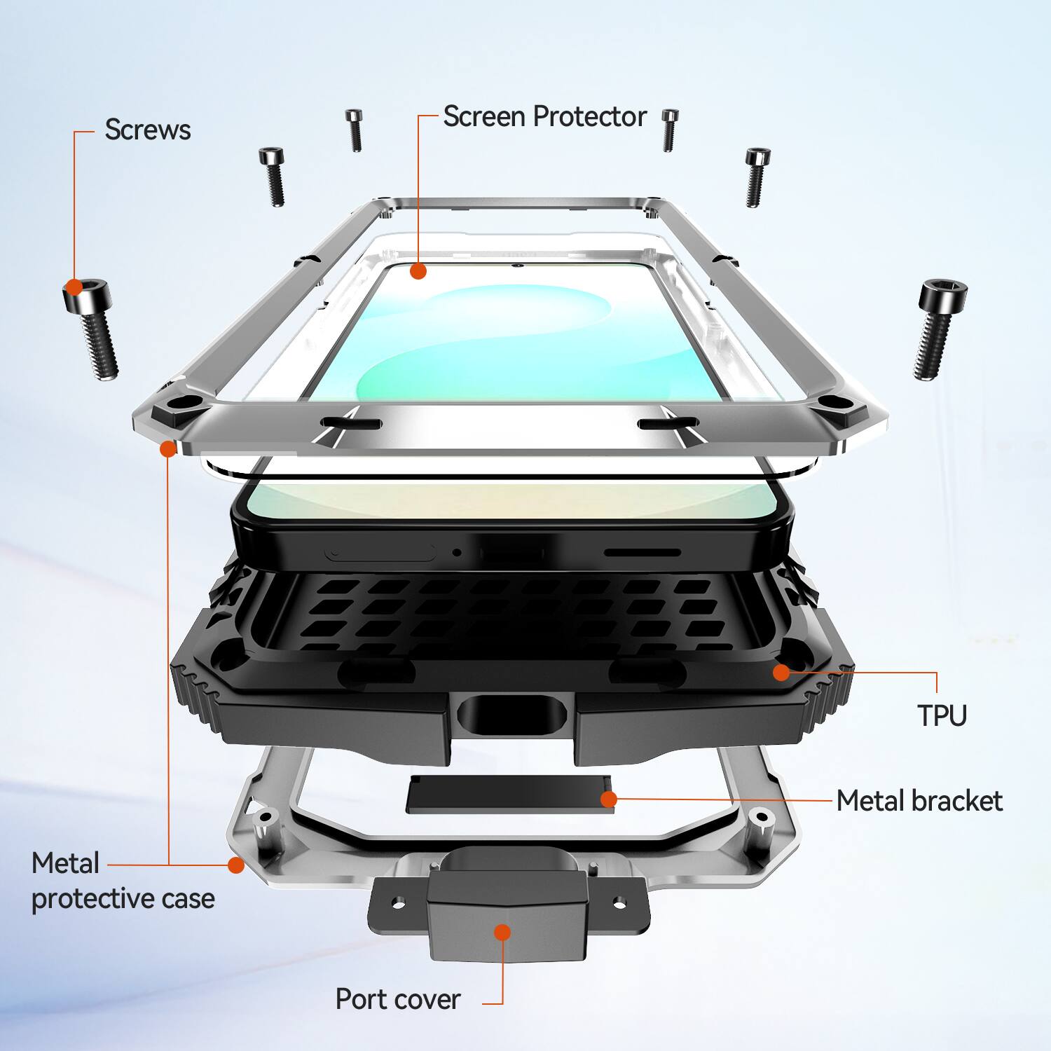Screws  
Screen Protector  
TPU  
Metal bracket  
Metal protective case  
Port cover