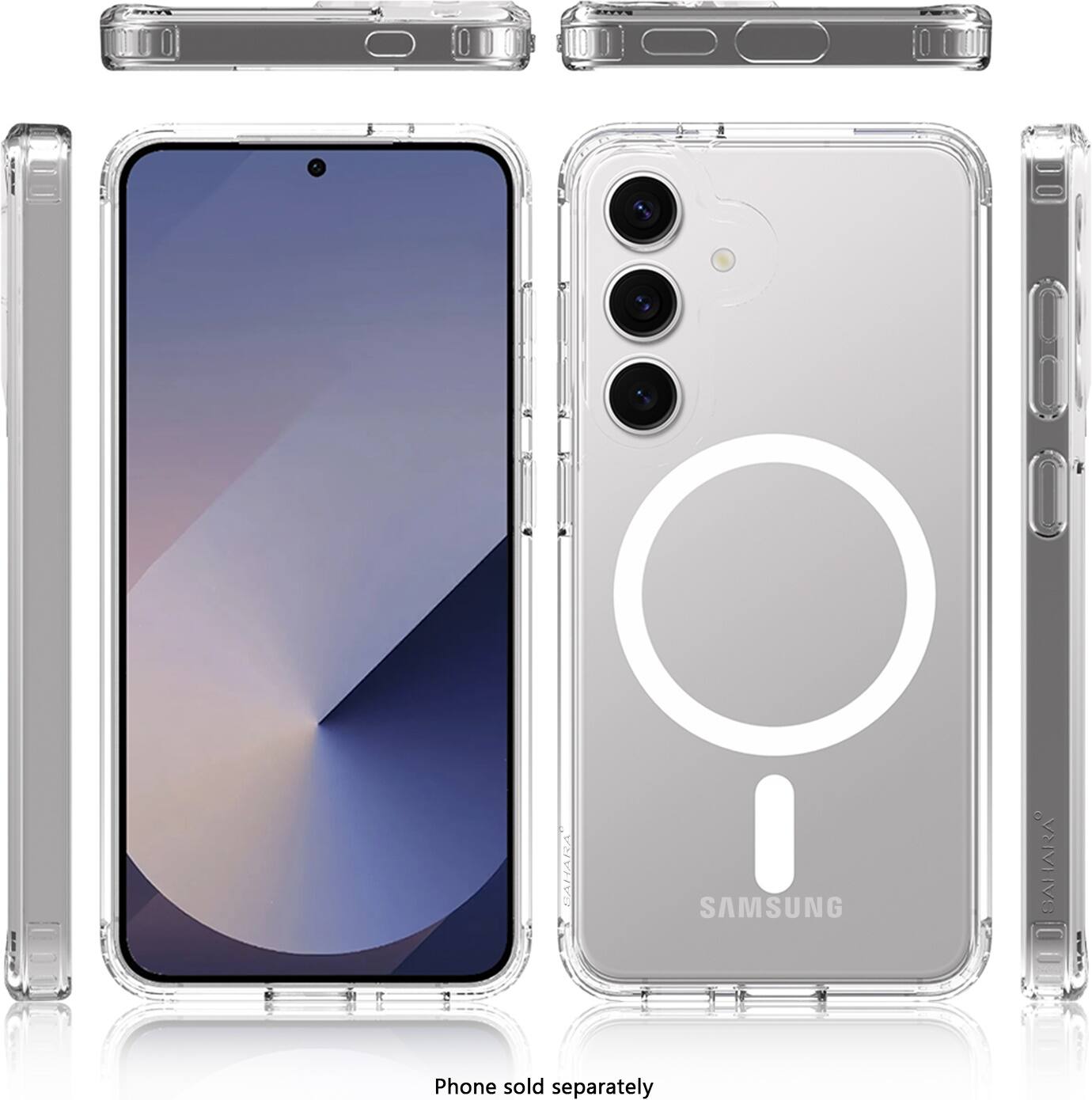 The image shows a Samsung phone with a clear case on it. The phone is displayed in a vertical position, with the case covering the entire device. The case is made of clear plastic, allowing the phone's design to be visible. The phone is sold separately, and the case is an additional accessory that can be purchased separately as well.