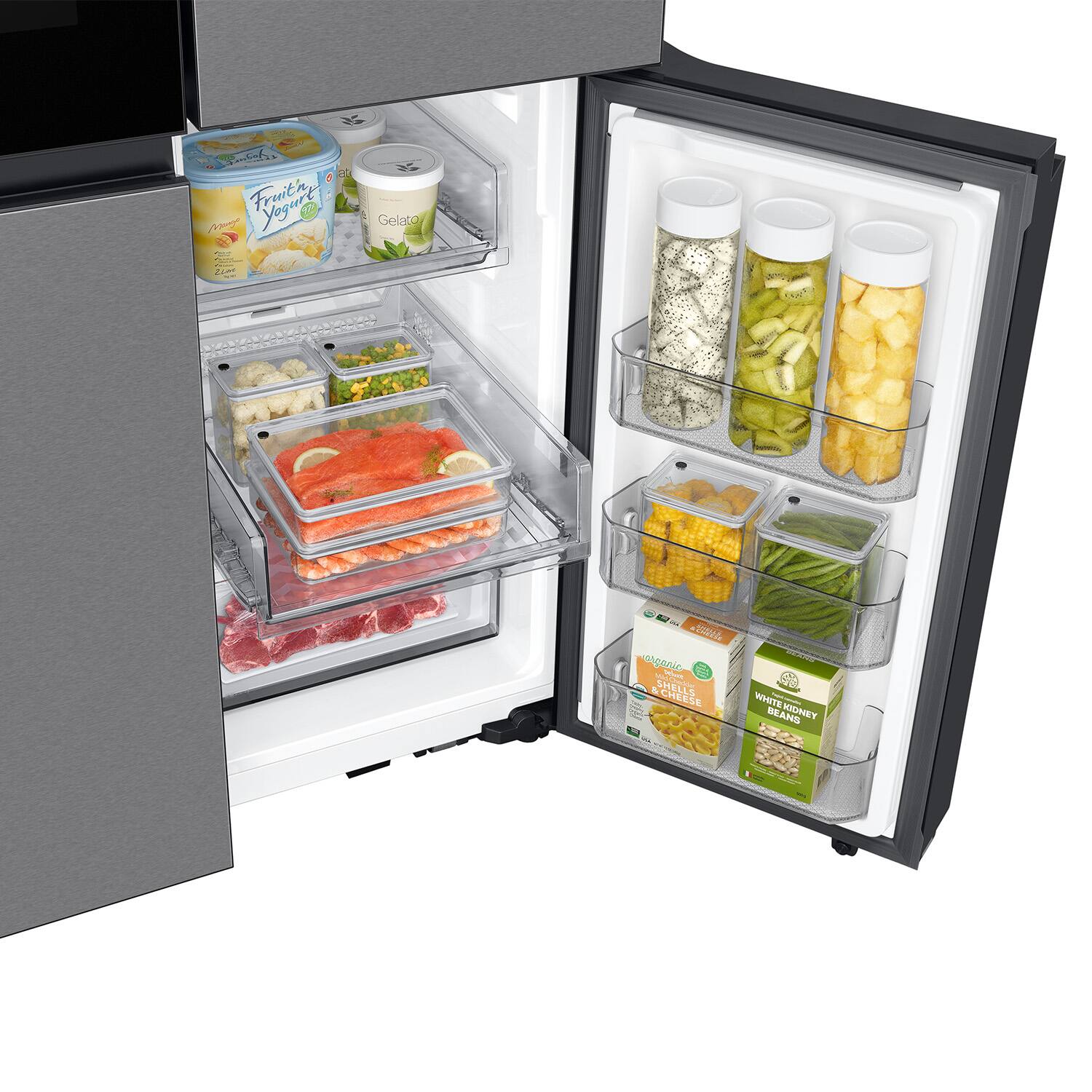 The refrigerator is stocked with a variety of food items. There are several containers of yogurt, including one in the top left section, another in the top middle section, and a third one in the top right section. There are also multiple bottles of juice, with one in the top left section, another in the top middle section, and a third one in the top right section. Additionally, there are two bowls of fruit, one in the middle section and another in the bottom right section. The refrigerator is well-organized and ready to be used.