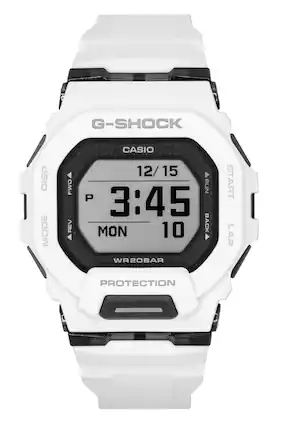 G-SHOCK DISP MODE FWD REV CASIO 12/15 RUN P 3:45 MON 10 BACK WR20BAR START LAP PROTECTION