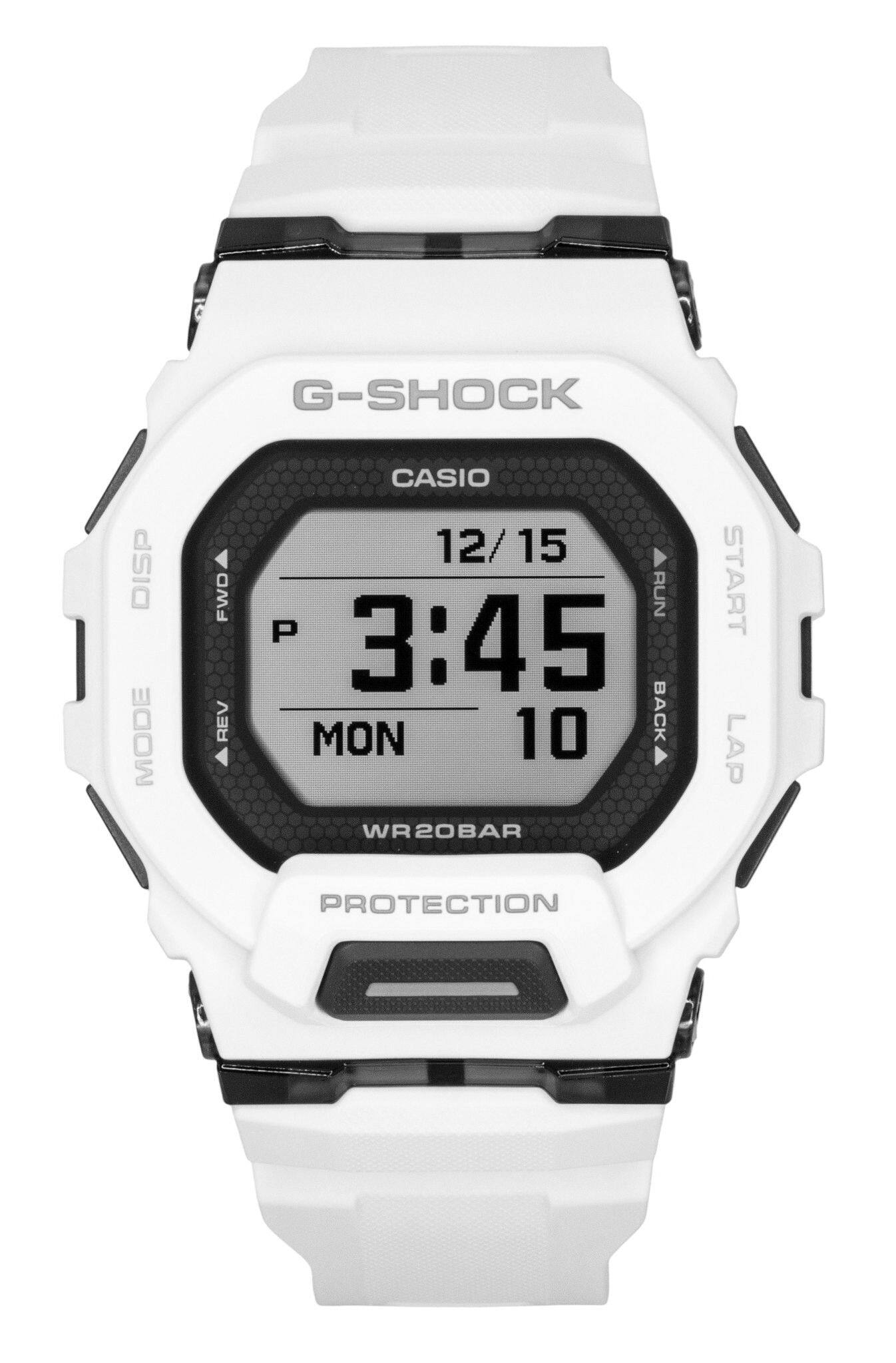 G-SHOCK DISP MODE FWD REV CASIO 12/15 RUN P 3:45 MON 10 BACK WR20BAR START LAP PROTECTION