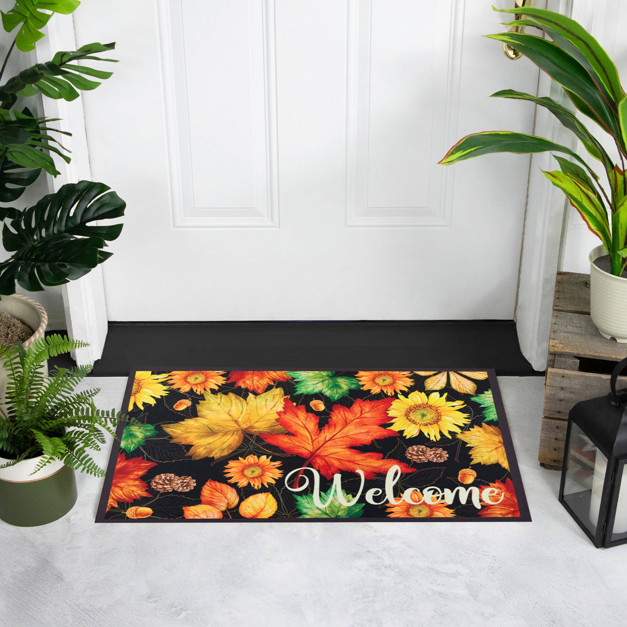 Northlight - Maple Leaves and Sunflowers Welcome Fall Harvest Outdoor Doormat - 17.75" x 29.5" - Multi