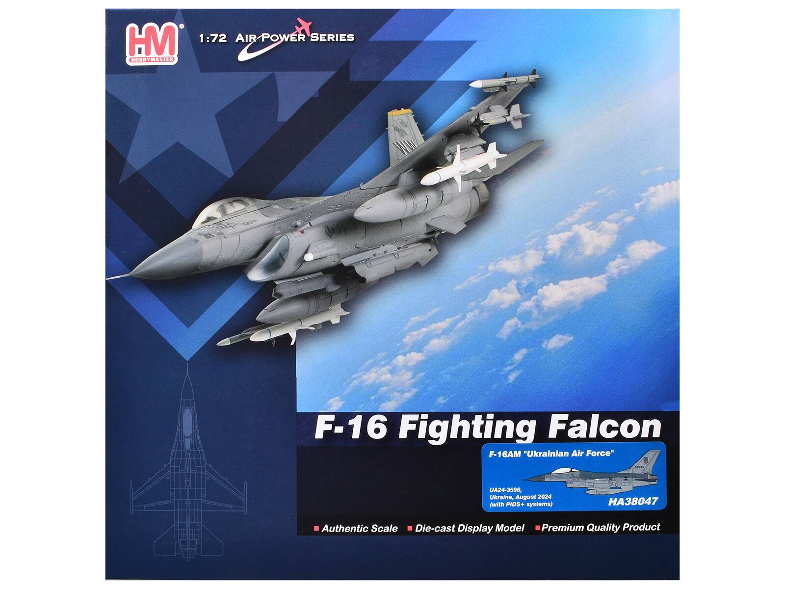 1:72 Air Power Series  
HobbyMaster F-16 Fighting Falcon F-16AM "Ukrainian Air Force" UA24-3596, Ukraine, August 2024 (with PIDS+ systems)  
HA38047  
Authentic Scale Die-cast Display Model Premium Quality Product