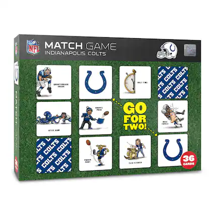 MATCH GAME
NFL
INDIANAPOLIS COLTS
QUARTERBACK SNEAK
STIFF ARM
PASS
POGCH PUNT
FLEA FLICKER
HALF TIME
GO FOR TWO!
NOSE TACKLE
36 CARDS