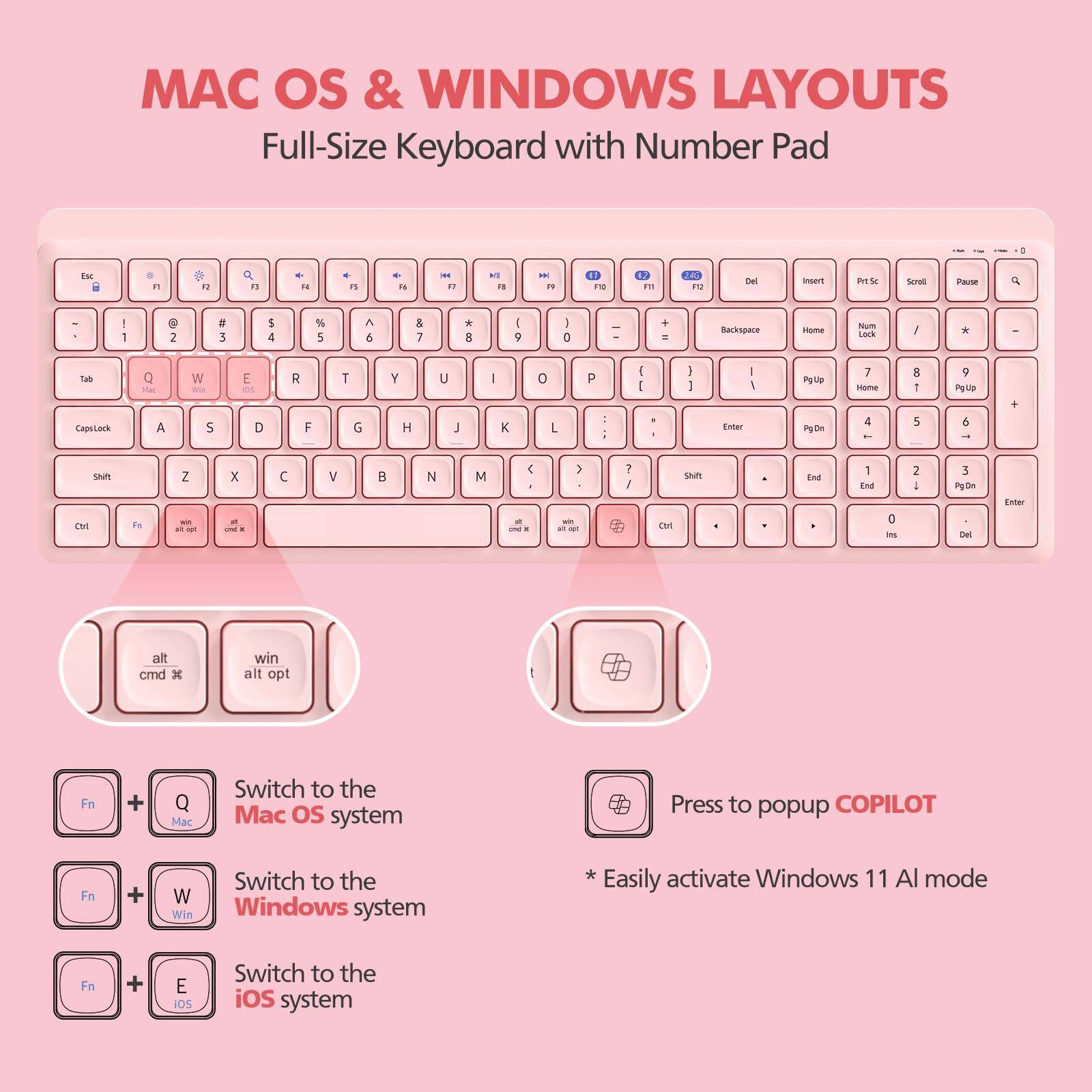 MAC OS & WINDOWS LAYOUTS  
Full-Size Keyboard with Number Pad

- Switch to the Mac OS system: Fn + Q
- Switch to the Windows system: Fn + W
- Switch to the iOS system: Fn + E

Press to popup COPILOT  
* Easily activate Windows 11 AI mode

alt cmd  
win alt opt