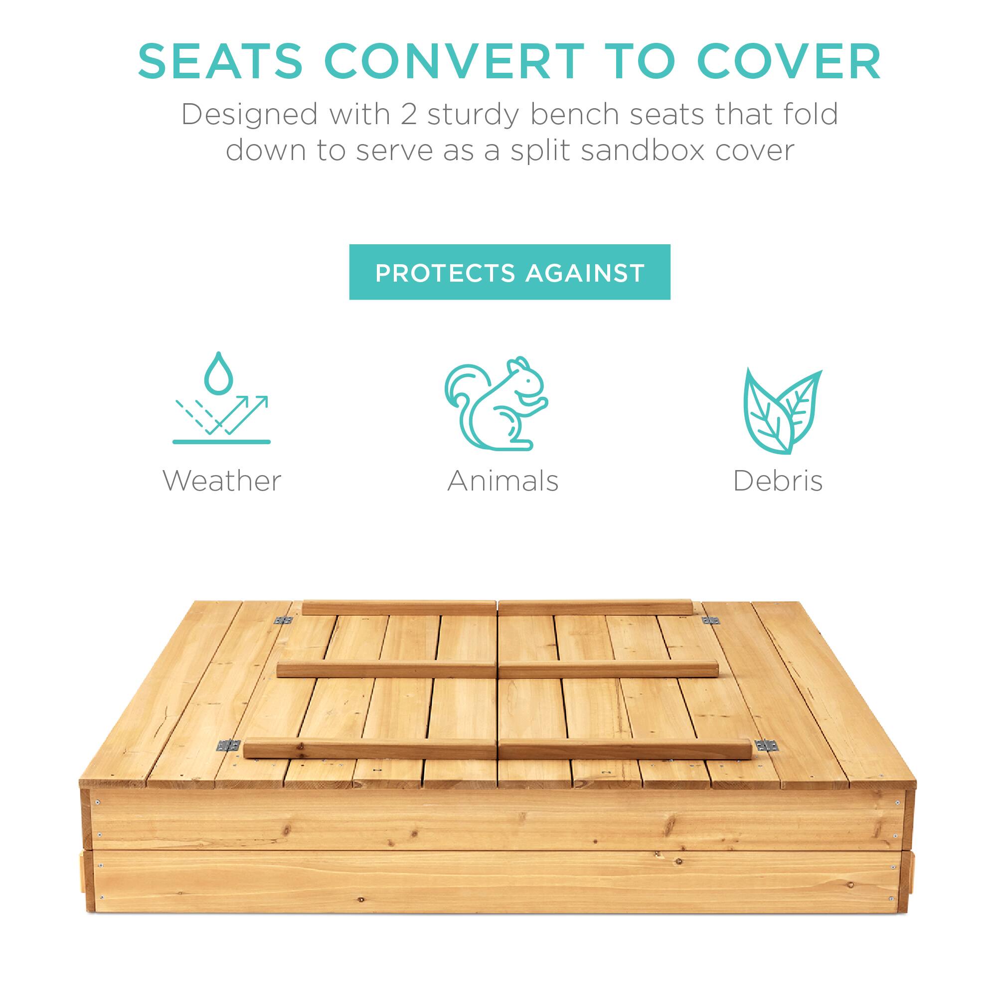 SEATS CONVERT TO COVER

Designed with 2 sturdy bench seats that fold down to serve as a split sandbox cover

PROTECTS AGAINST

- Weather
- Animals
- Debris