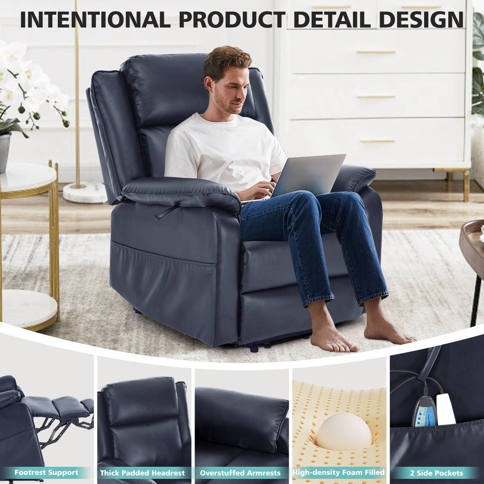 INTENTIONAL PRODUCT DETAIL DESIGN

- Footrest Support
- Thick Padded Headrest
- Overstuffed Armrests
- High-density Foam Filled
- 2 Side Pockets
