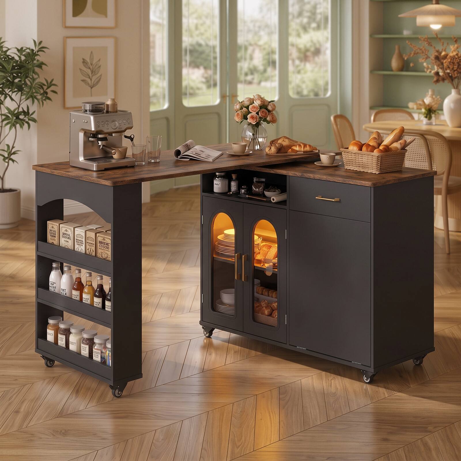 Back. Bestier - Kitchen Island Cart with 360 Degree Rotating Storage Cabinet LED Lights Power Outlet and Shelves - Rustic Brown.