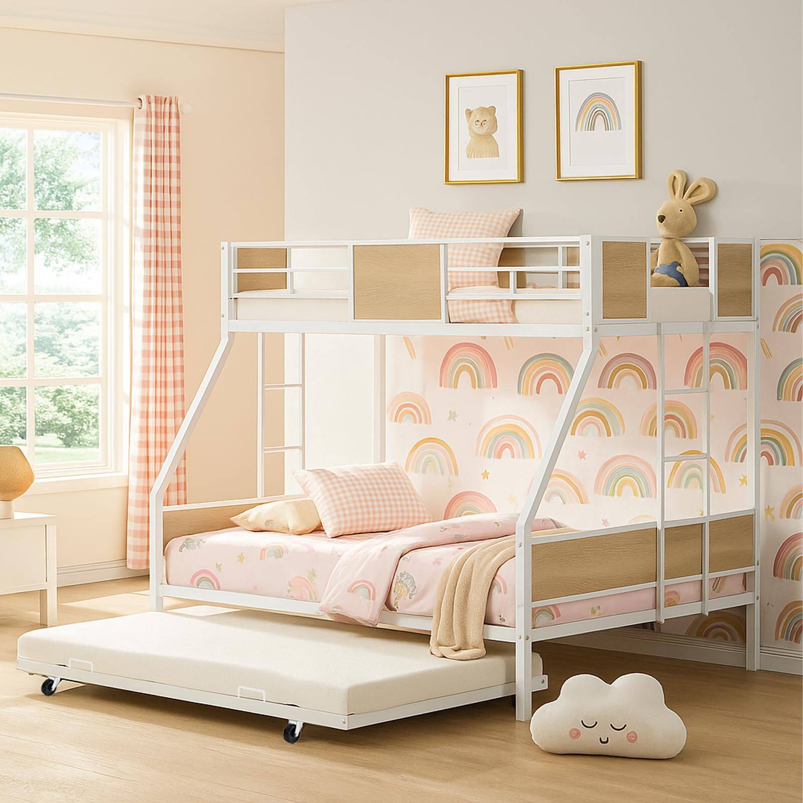 Alt View 5. Ecooso - Metal Twin over Full Bunk Bed with Trundle/Noise Reduced/ Safety Guardrail/ Bunk Bed for Three/ CPC Certified - White.