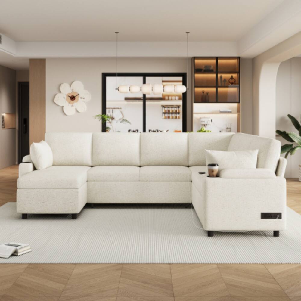 Angle. LUCKY ONE - 109.9" U-Shaped Convertible Sectional Sofa Bed w/ Storage Cup Holders USB Ports - Beige.