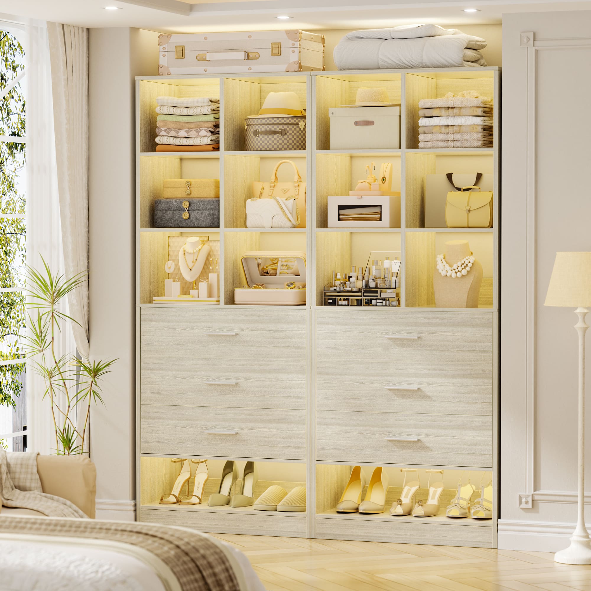 Aheaplus - 47.2" Wardrobe System with 6 Drawers and 12 Cube Storage, Modular Walk-in Closet Organizer for Closet, Bedroom - Beige Oak