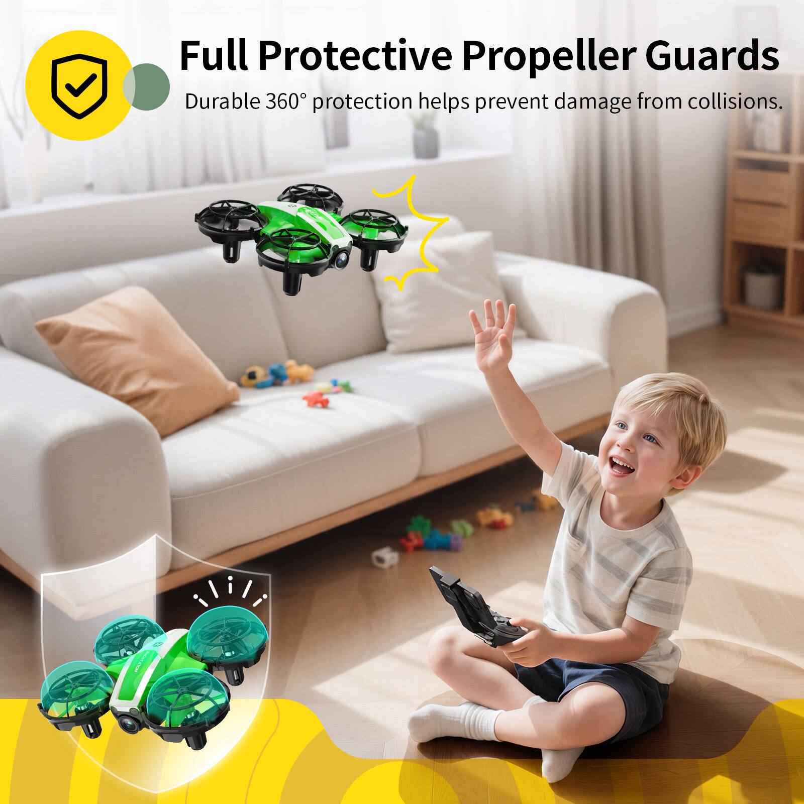 Full Protective Propeller Guards  
Durable 360° protection helps prevent damage from collisions.
