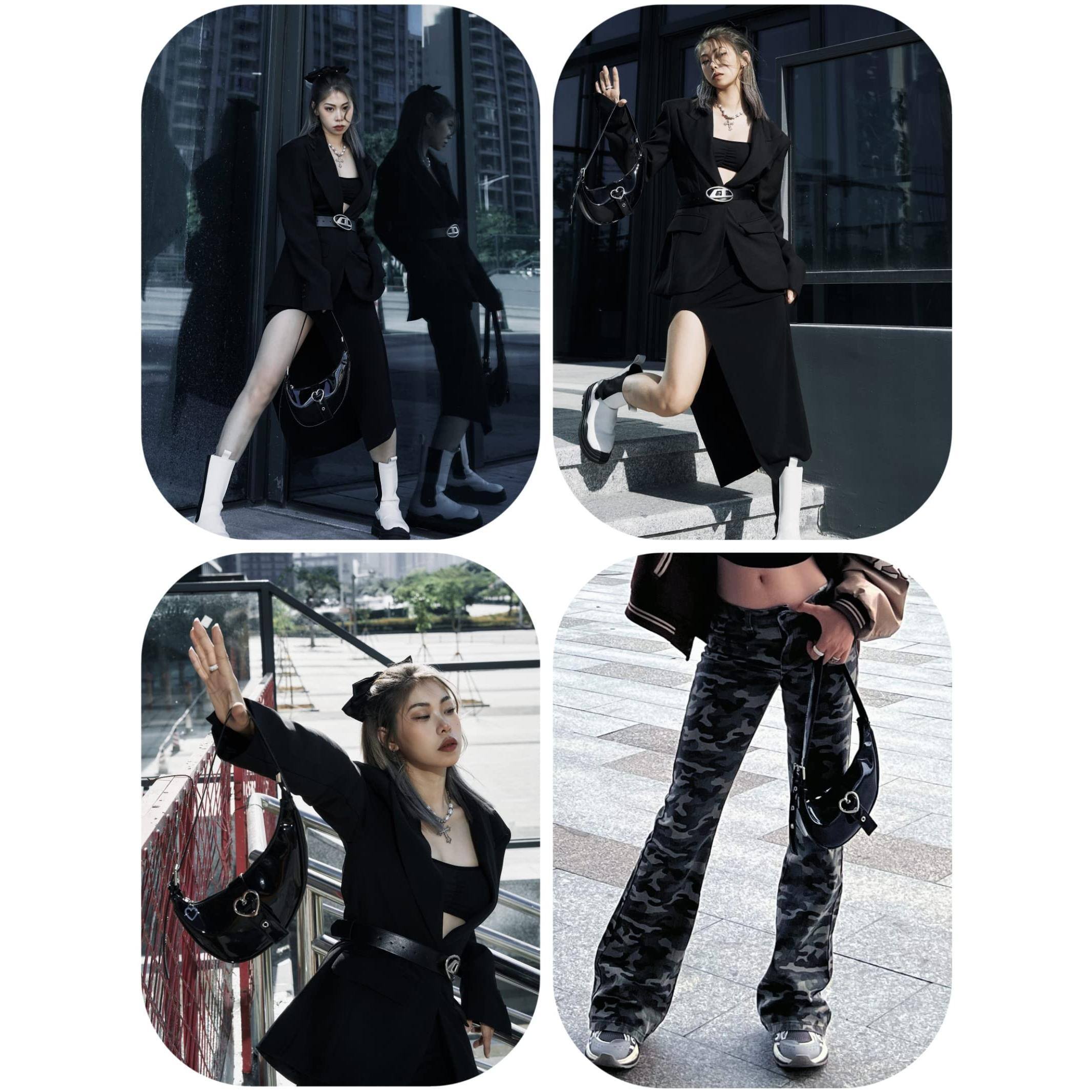 Live At Space - Y2k Saddle Hobo Bag Women Shoulder Purse Moon Handbag Fashion For 【Vegan Leather Material】 Cute half moon saddle hobo - A-black