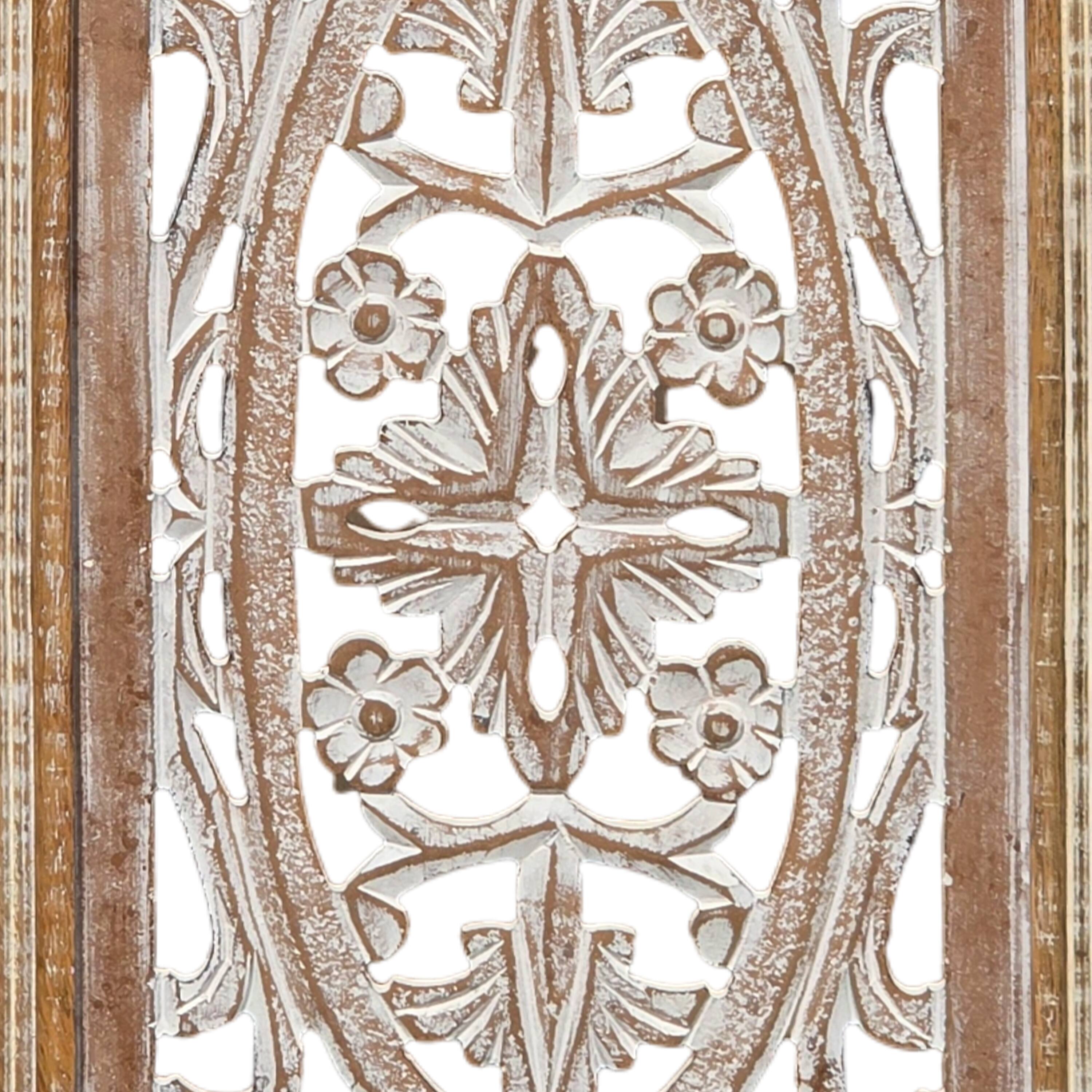 Angle. Manhattan Lane - Rectangular Mango Wood Wall Panel Hand Crafted With Intricate Carving - White and Brown.