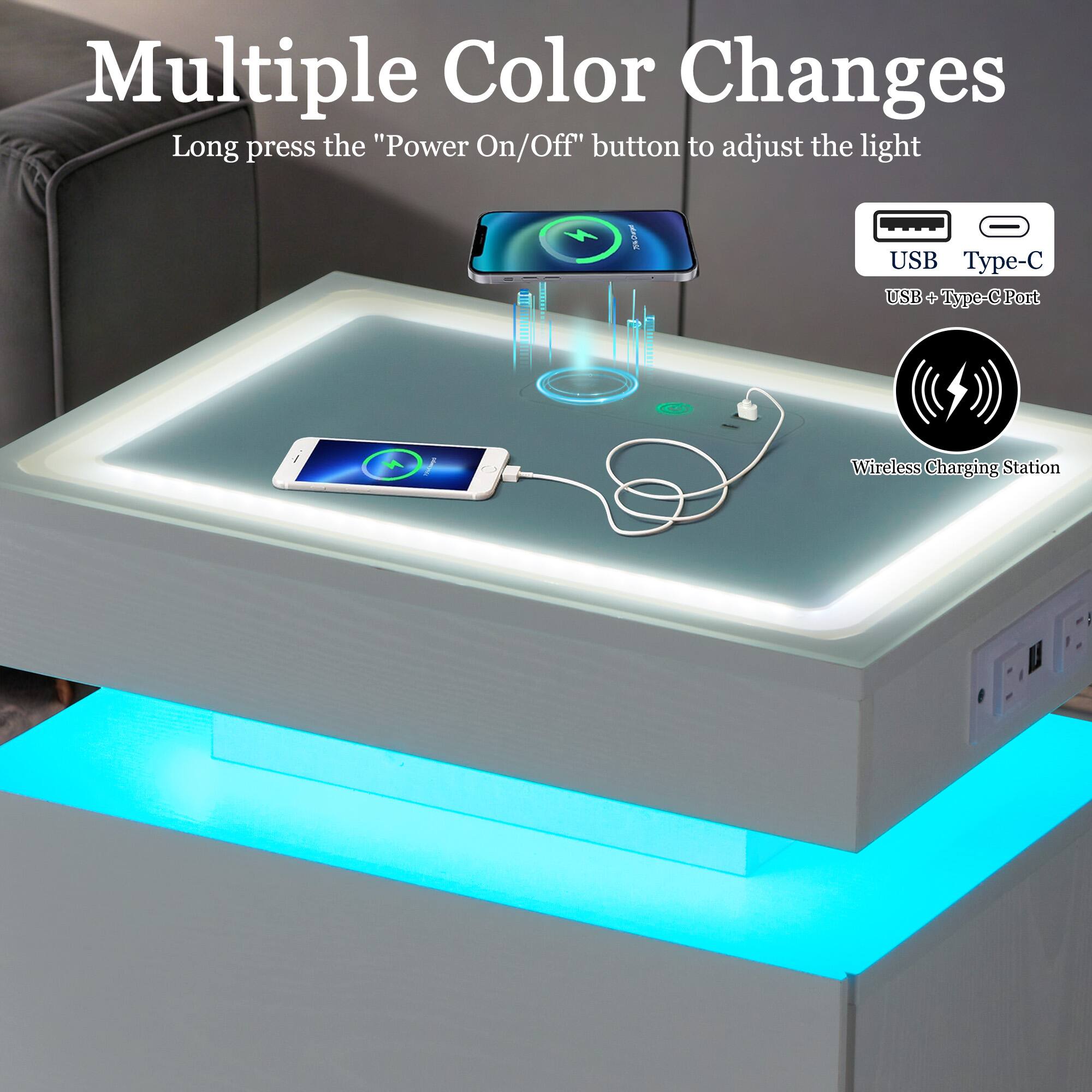 Multiple Color Changes  
Long press the "Power On/Off" button to adjust the light  

USB Type-C  
USB + Type-C Port  

Wireless Charging Station