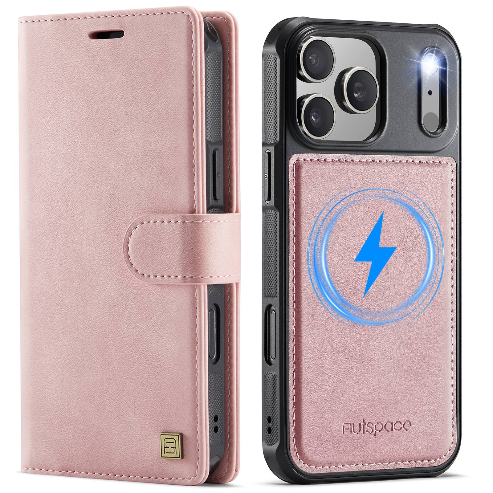 Alt View 6. Dteck - 2 in 1 Magnetic Leather Wallet Phone Case for Apple iPhone 18 Pro Max, RFID Blocking Detachable Card Holder Stand Cover - Pink.