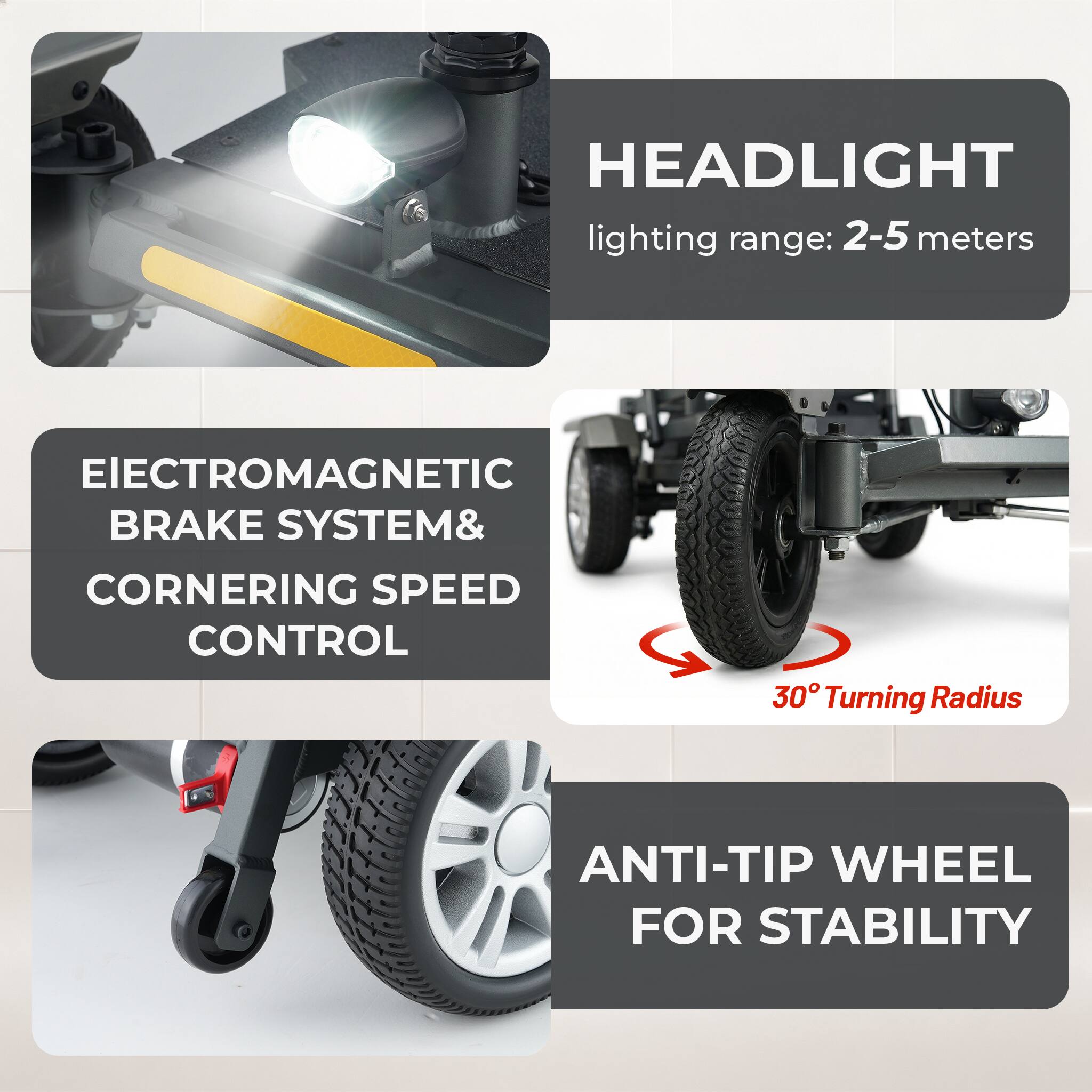 HEADLIGHT  
lighting range: 2-5 meters  

ELECTROMAGNETIC BRAKE SYSTEM & CORNERING SPEED CONTROL  

30° Turning Radius  

ANTI-TIP WHEEL FOR STABILITY