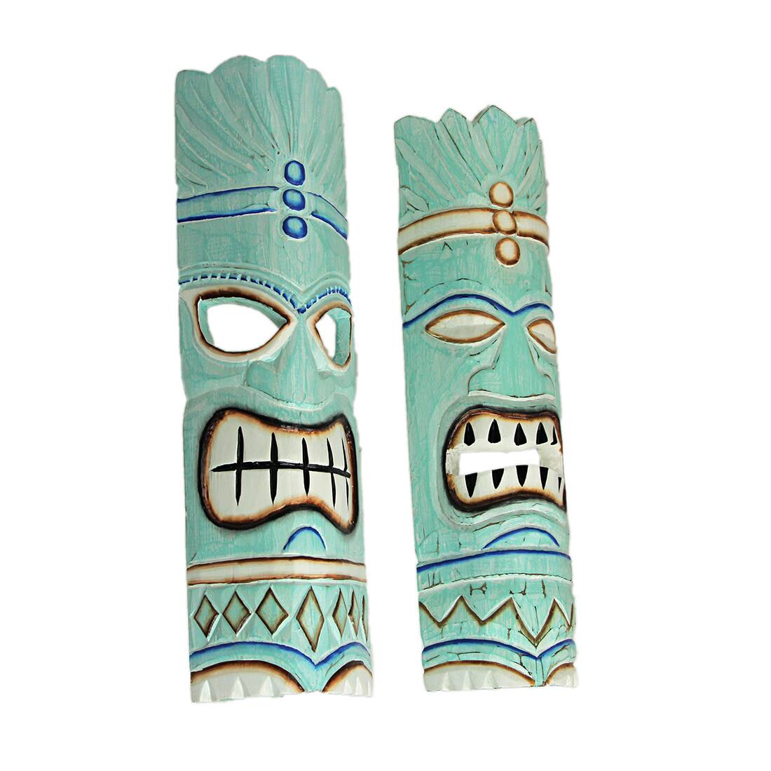 Alt View 1. Things2Die4 - Handcrafted Aqua Blue Traditional Polynesian Style Wooden Tiki Mask Wall Hangings – 20 Inches High - Set of 2 - Blue.