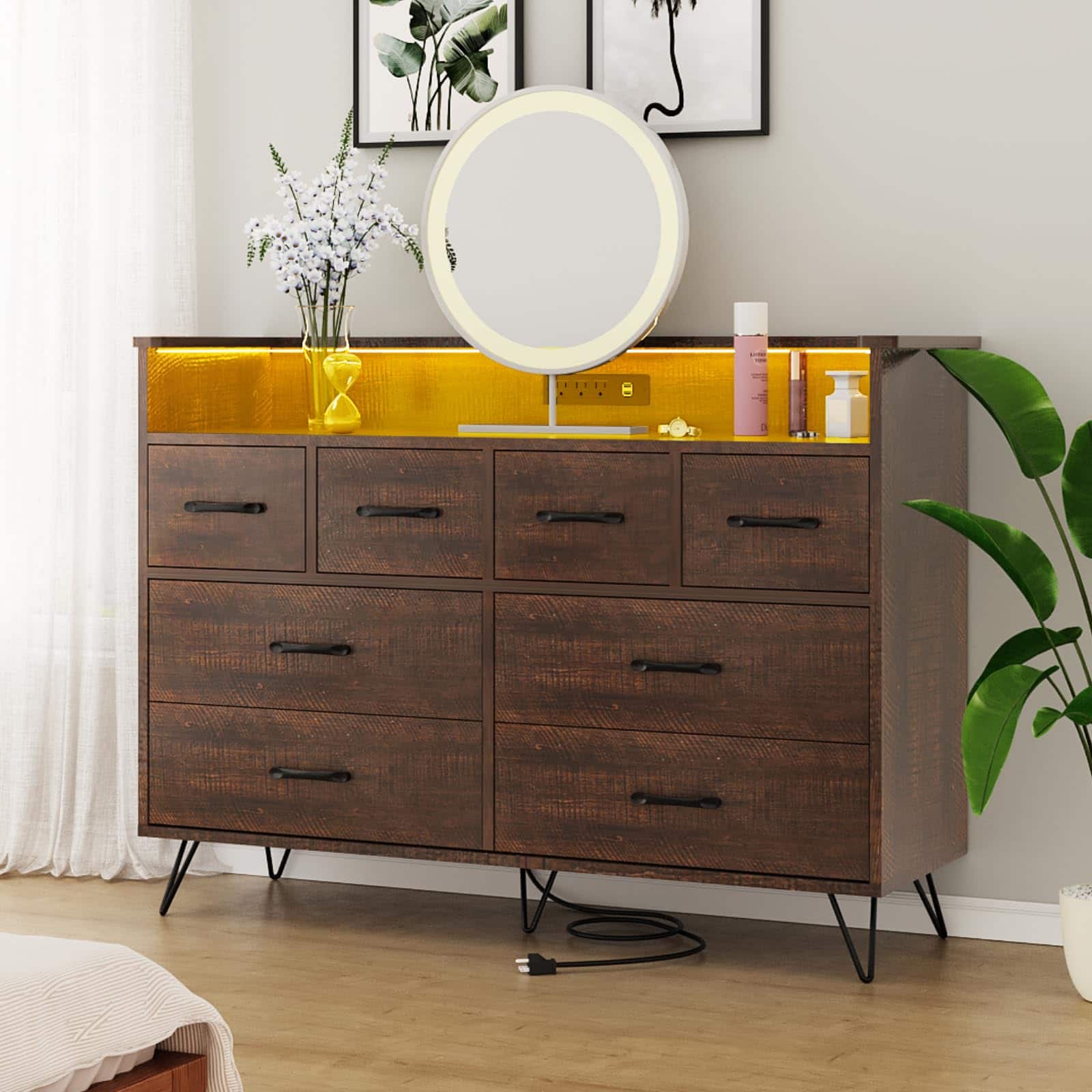 Qeetex - Dresser with Power Outlet and LED Lights, Wood 8 Drawer Dresser for Bedroom - Antique Dark Color