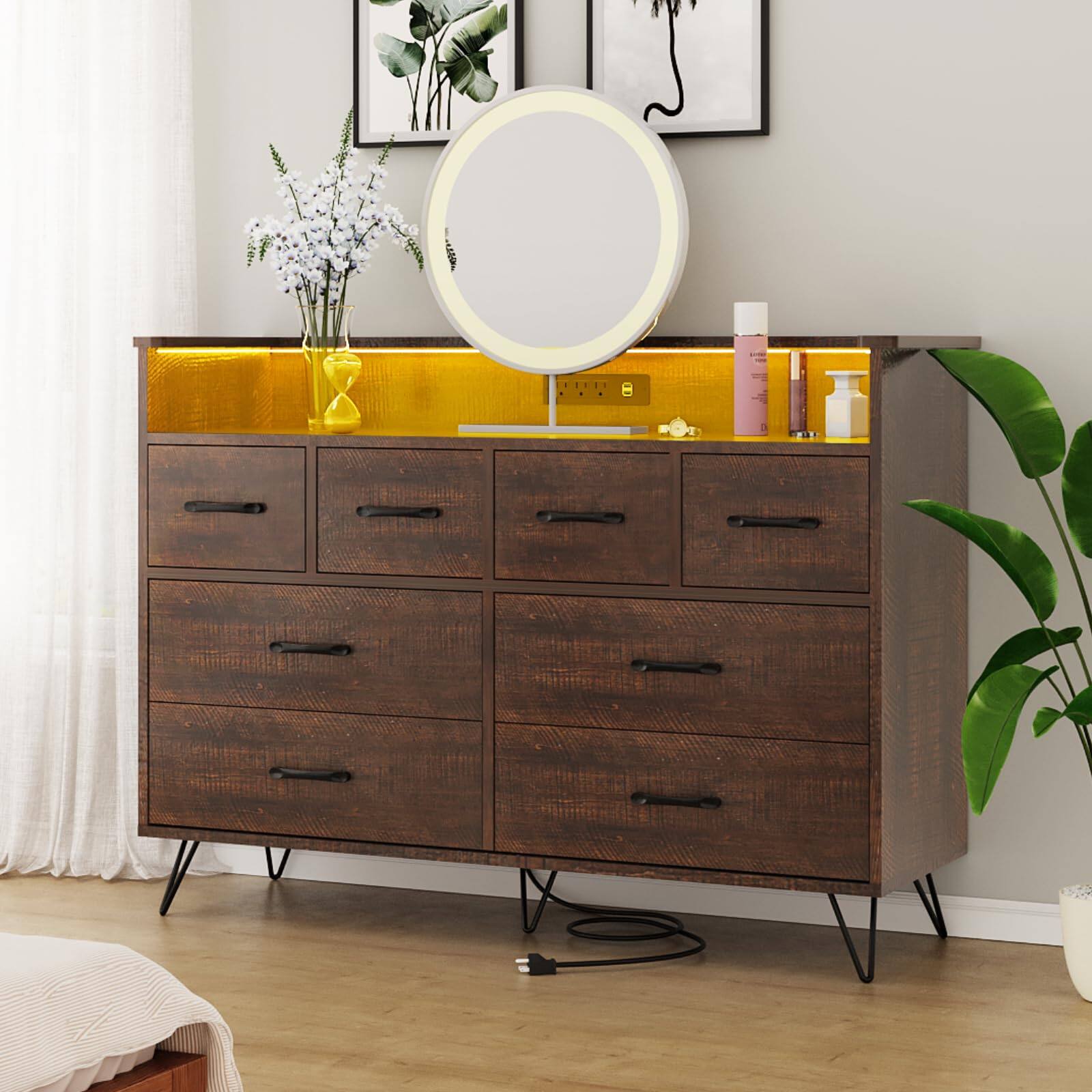 Front. Qeetex - Dresser with Power Outlet and LED Lights, Wood 8 Drawer Dresser for Bedroom - Antique Dark Color.