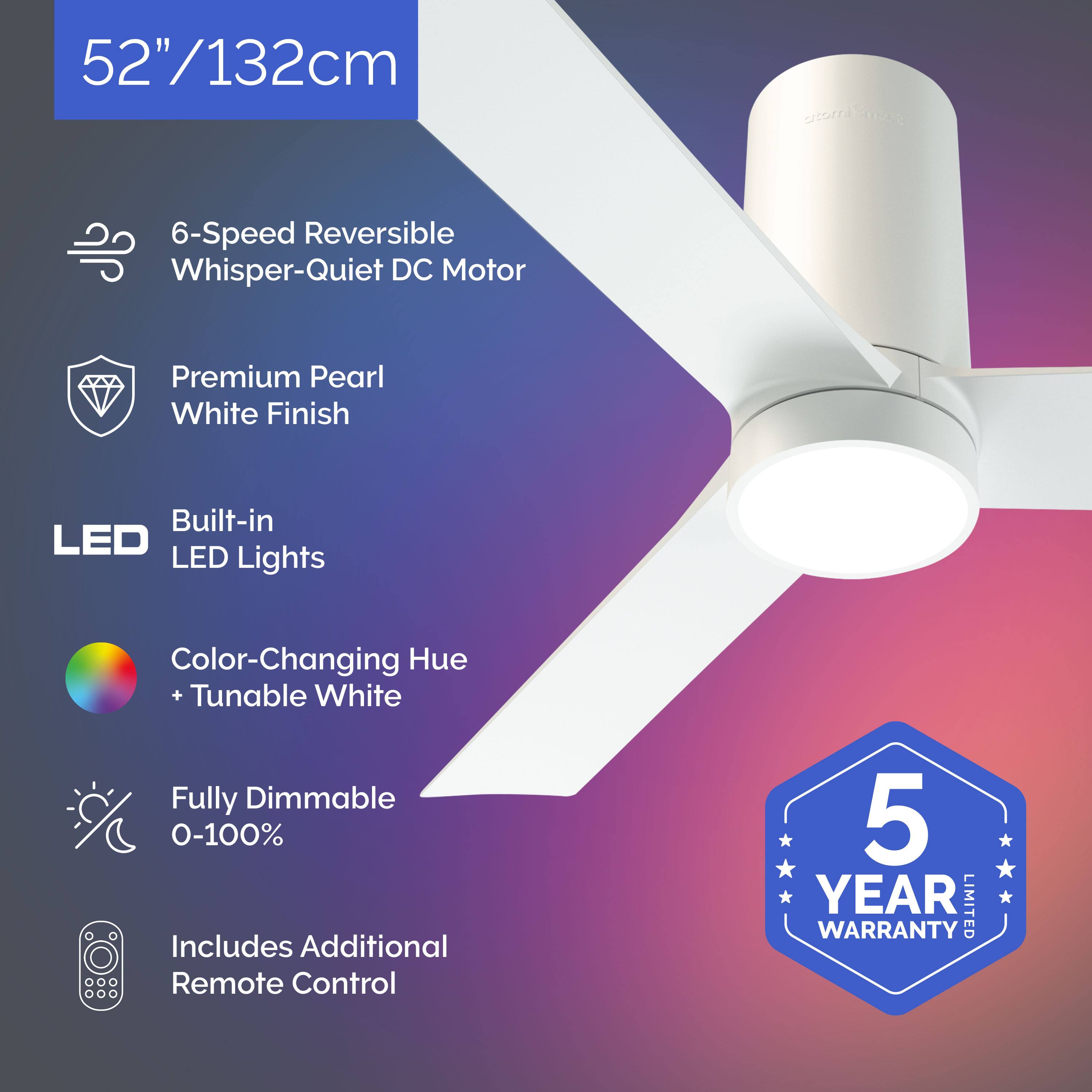 52"/132cm, 6-Speed Reversible Whisper-Quiet DC Motor, Premium Pearl White Finish, Built-in LED Lights, Color-Changing Hue + Tunable White, Fully Dimmable 0-100%, Includes Additional Remote Control, 5 YEAR LIMITED WARRANTY