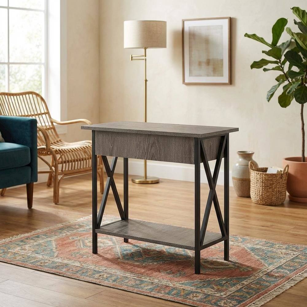Alt View 1. FurniFact - Glass Finish Flip Top Table with Compact Design for Living Room Use - Weathered Gray.